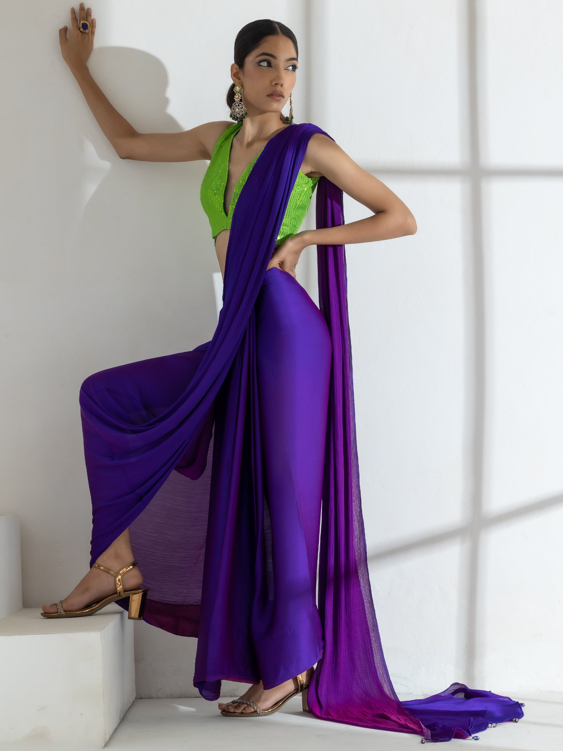 Purple and Plum Dual Shade Texture Chiffon Saree and Sequin Blouse Fabric