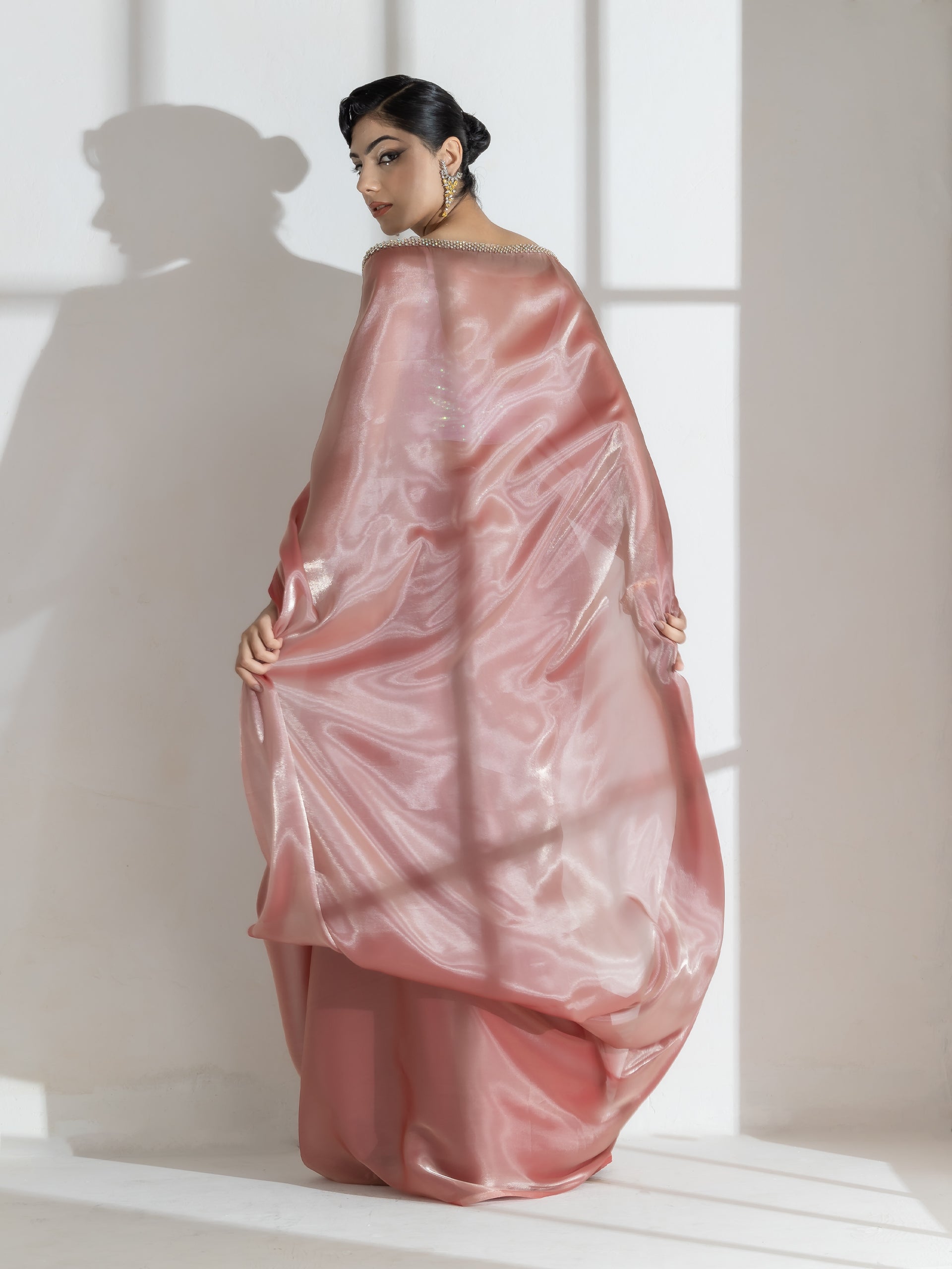 Mettalic Bloom Organza Satin Saree with Diamond Studs and Self Blouse Fabric