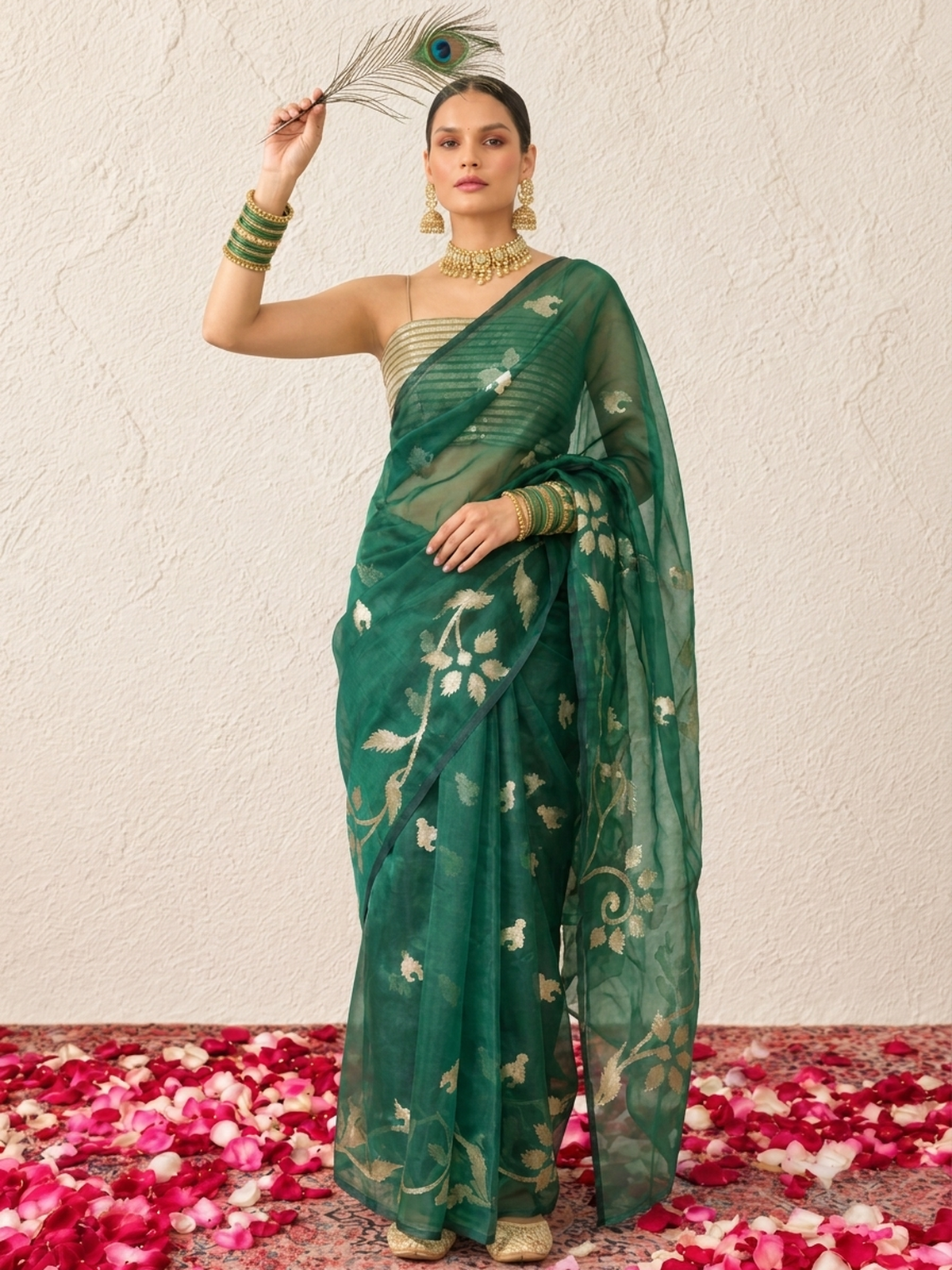 Green Organza Saree with Zari Buti and Matching Stripe Blouse Fabric