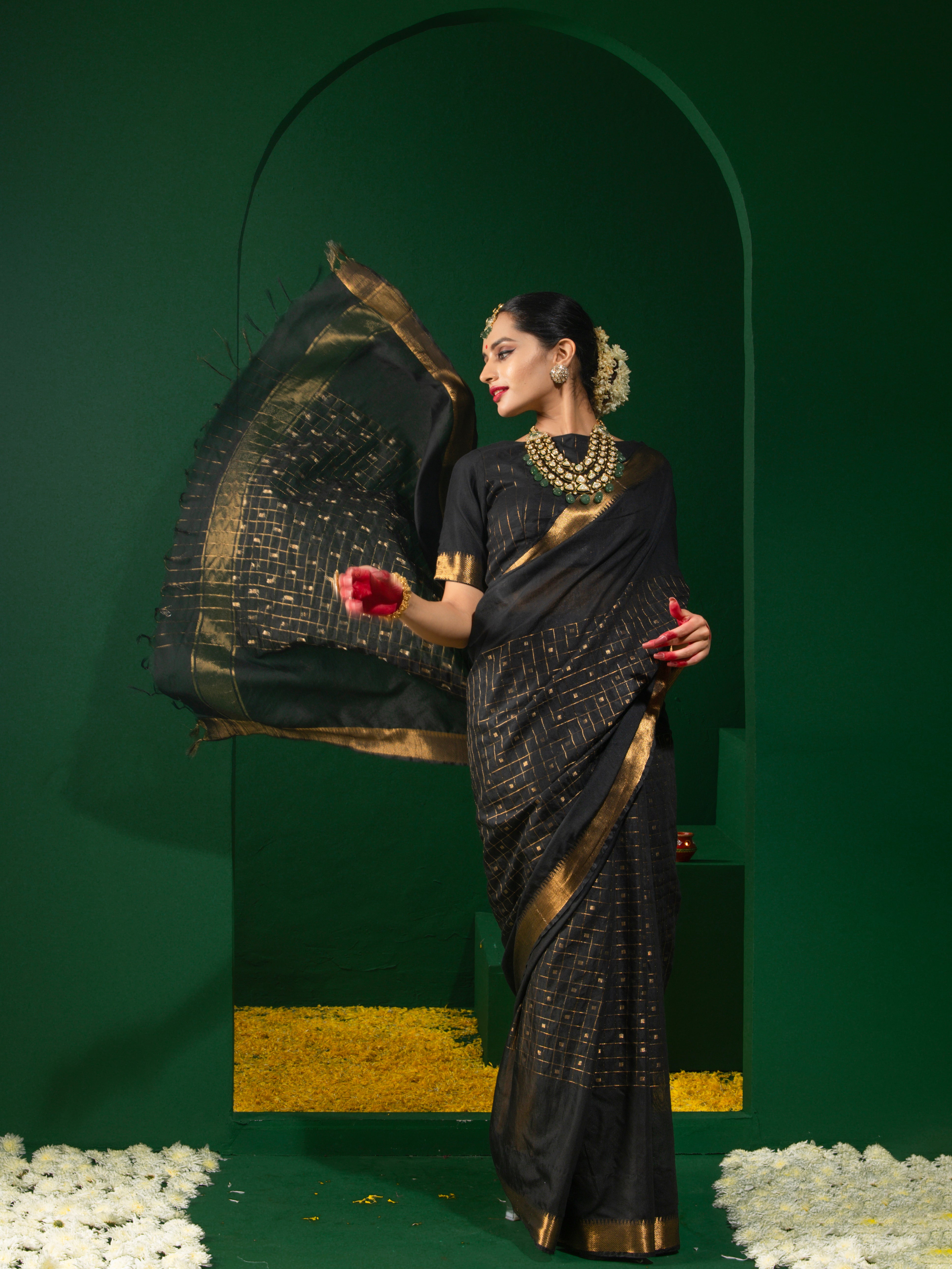 Golden Noir Saree with Zari Checks and Stripe Blouse Fabric