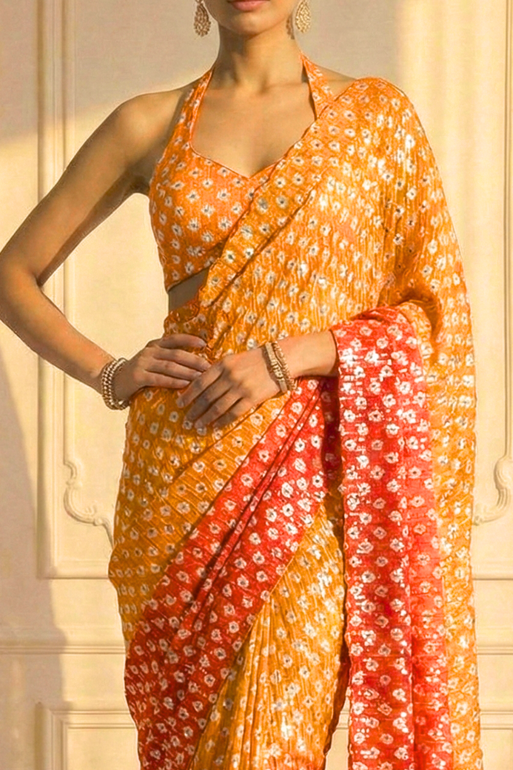 Sunset Orange and Yellow Ombre' Knitted Printed Sequin Saree with Blouse Fabric