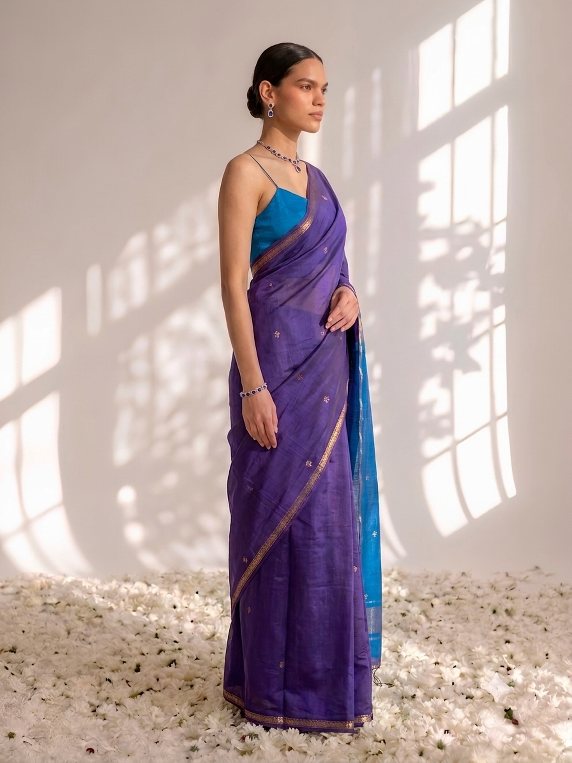 Purple and Blue Maheshwari Silk Cotton Saree with Self Blouse Fabric