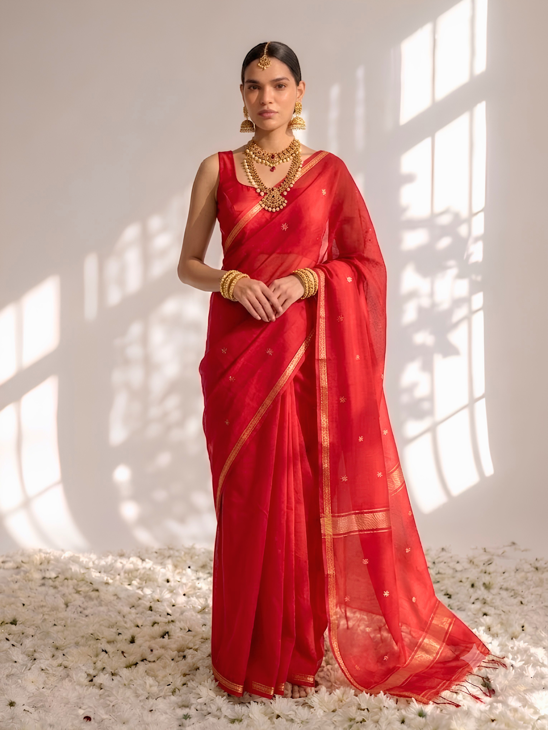 Red and Gold Maheshwari Silk Cotton Saree with Self Blouse Fabric