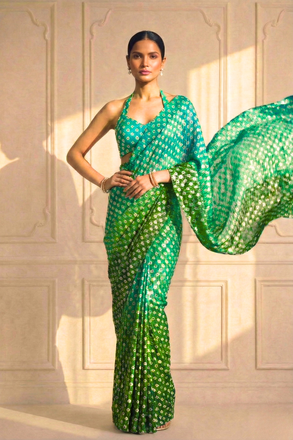 Sunrise Blue Green Ombre' Knitted Printed Sequin Saree with Blouse Fabric