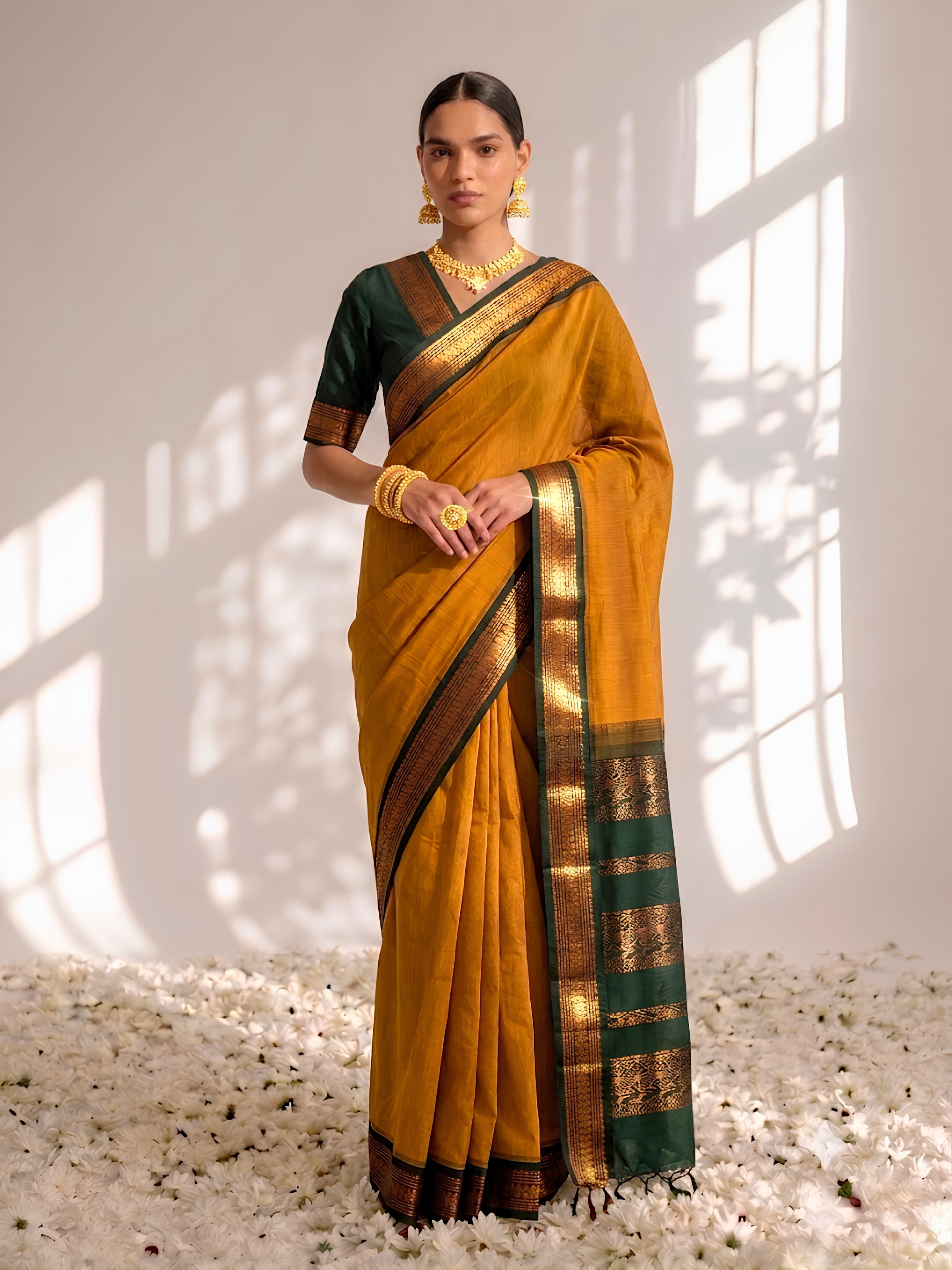 Yellow and Green Cotton Kadwal Saree with Blouse Fabric