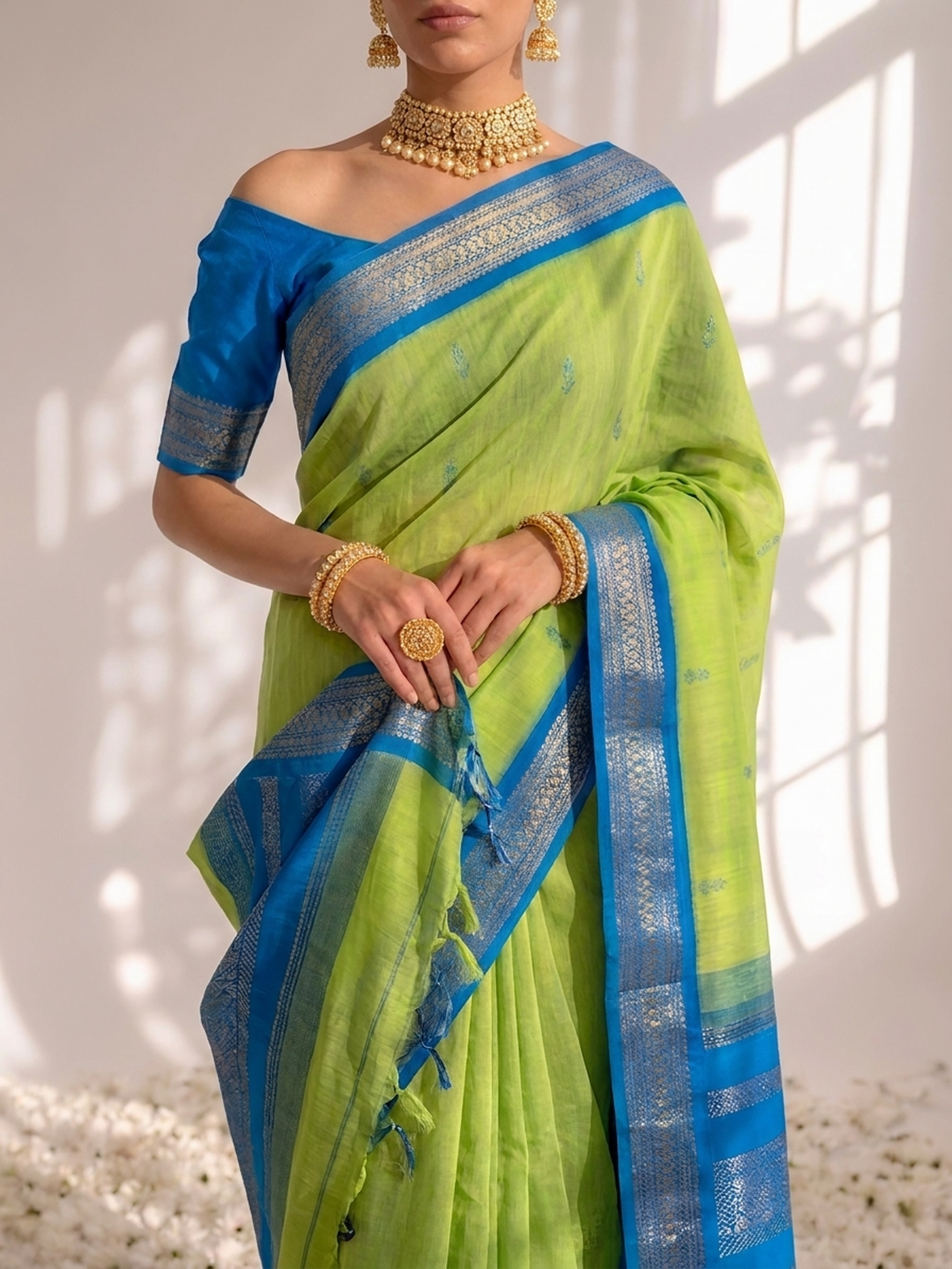 Highlighter and Blue Cotton Kadwal Saree with Blouse Fabric