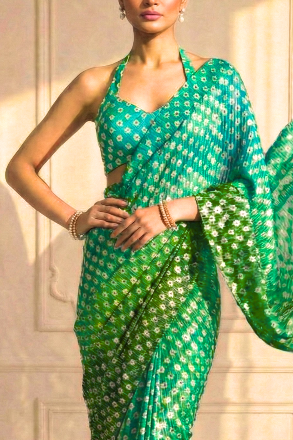Sunrise Blue Green Ombre' Knitted Printed Sequin Saree with Blouse Fabric