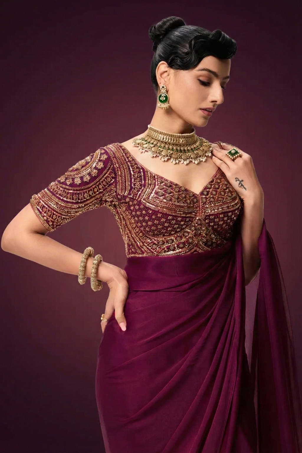 Purple Hand Embroidered Cut Dana Sabya Blouse – Free-Size Adjustable 32–40 inches | Couture Designer Blouse