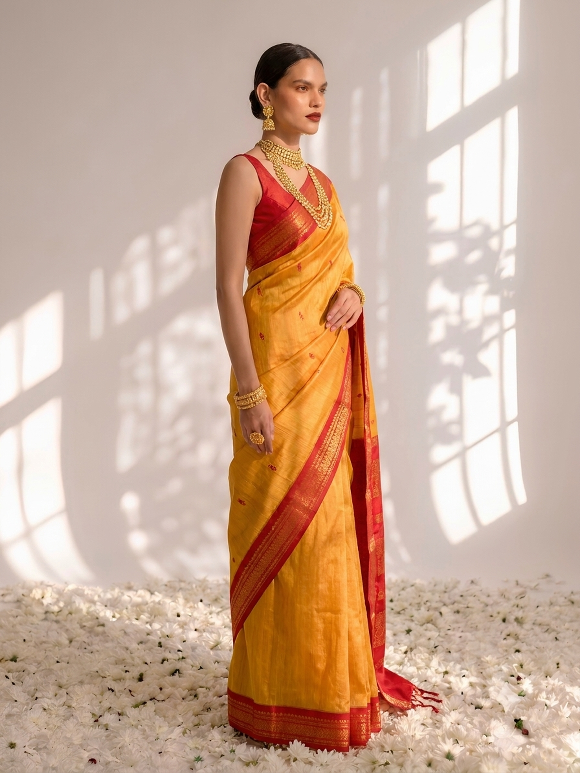 Yellow and Red Cotton Kadwal Saree with Blouse Fabric
