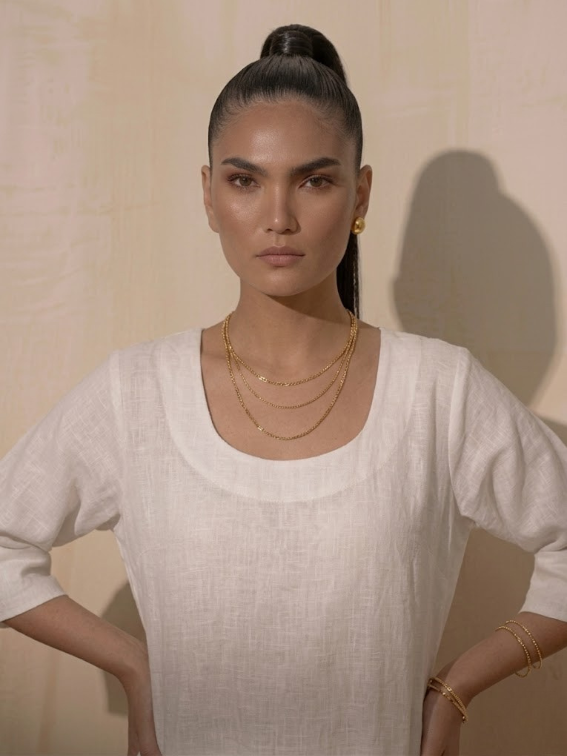 Swtantra White Linen Round Neck Elbow Sleeve Kurta with Pants