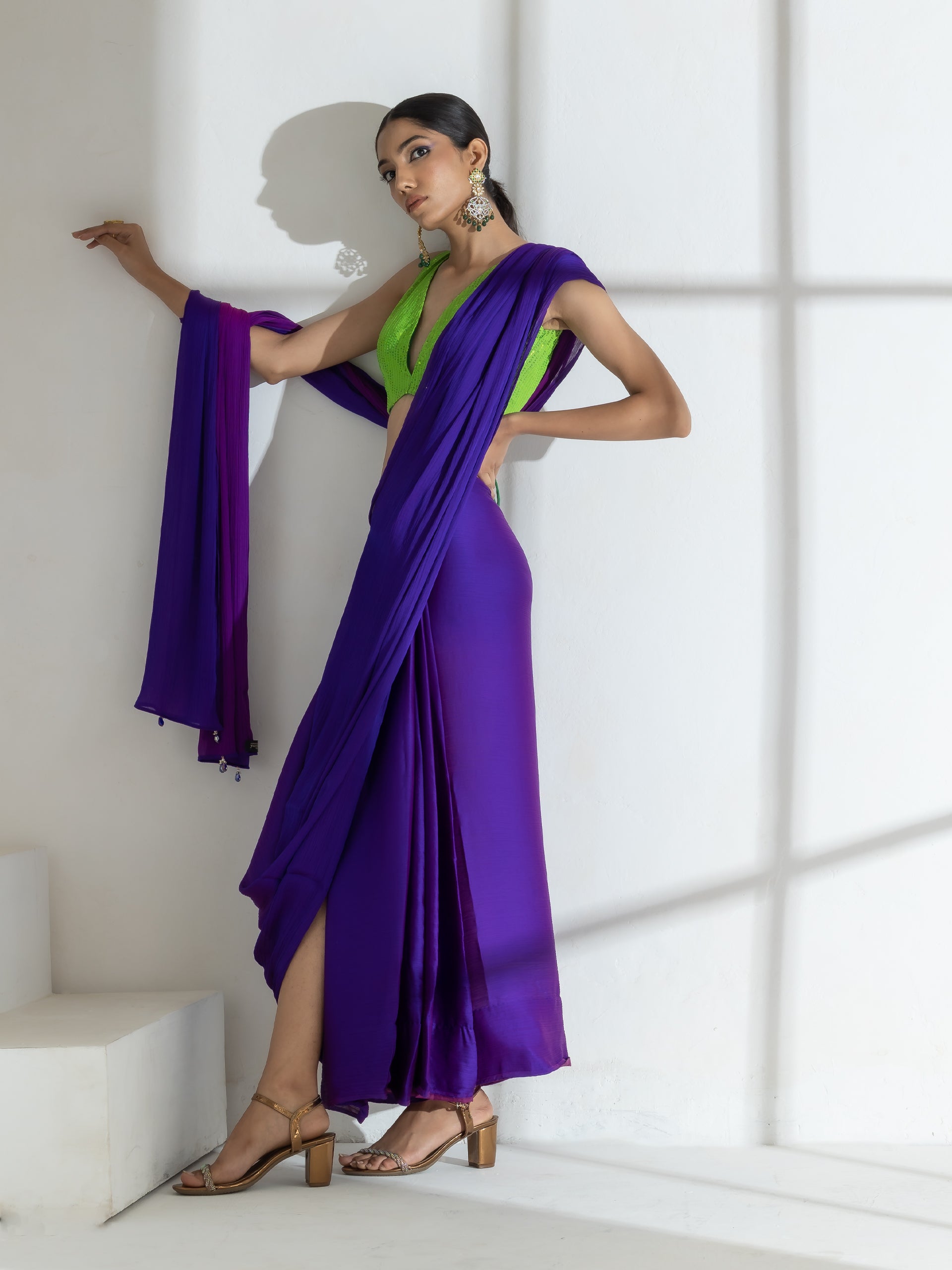 Purple and Plum Dual Shade Texture Chiffon Saree and Sequin Blouse Fabric