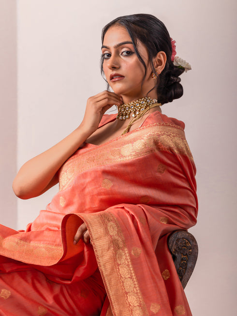 Koyal Pink & Gold Soft Silk Saree with Blouse Fabric