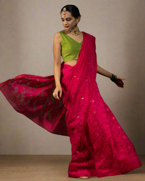 Authentic Aishwarya Pink Jamdani Cotton Saree