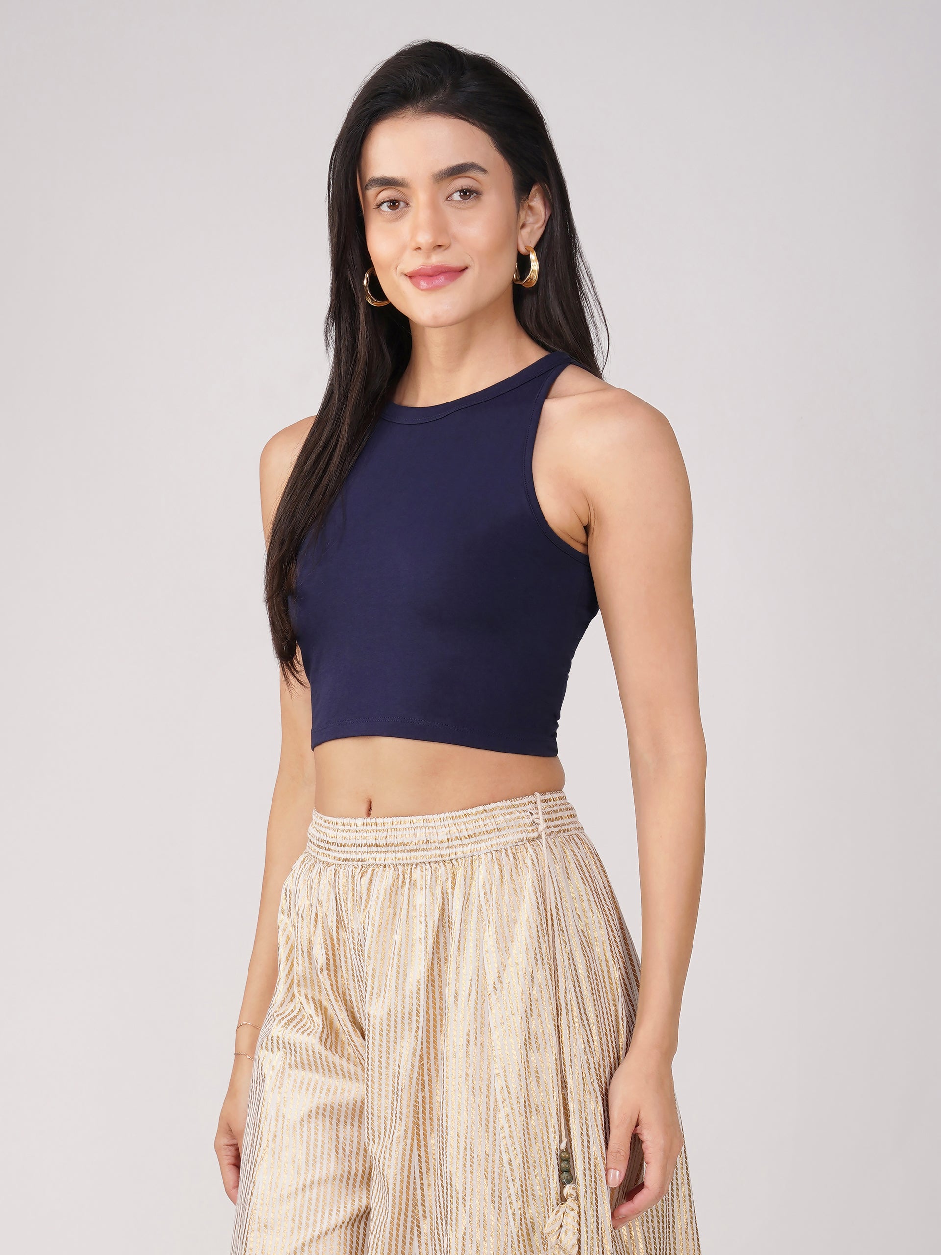 Women's Stretchy Knitted Halter Neck Blue Crop Top
