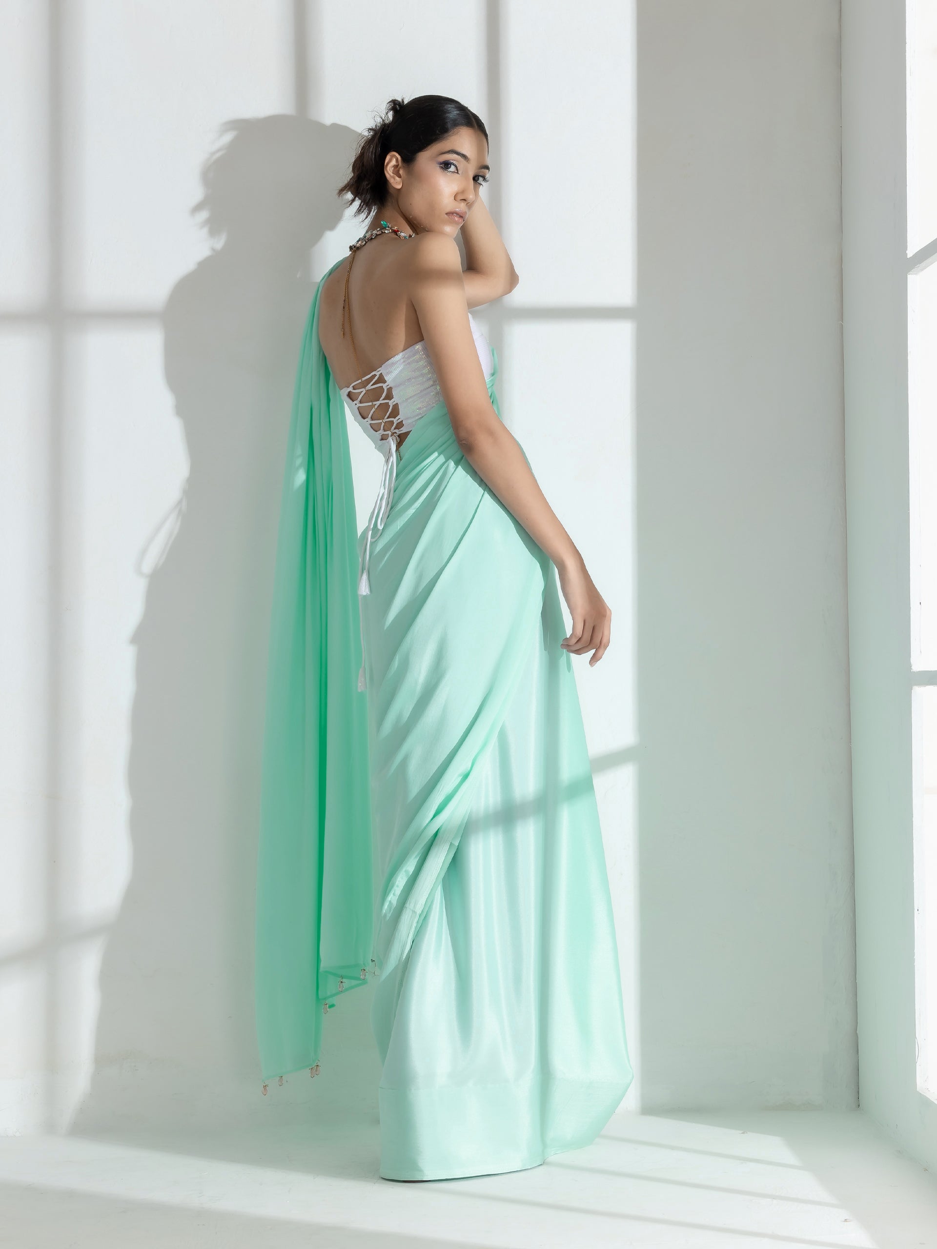 Cool Ice Crepe saree with Beads and Self Blouse fabric