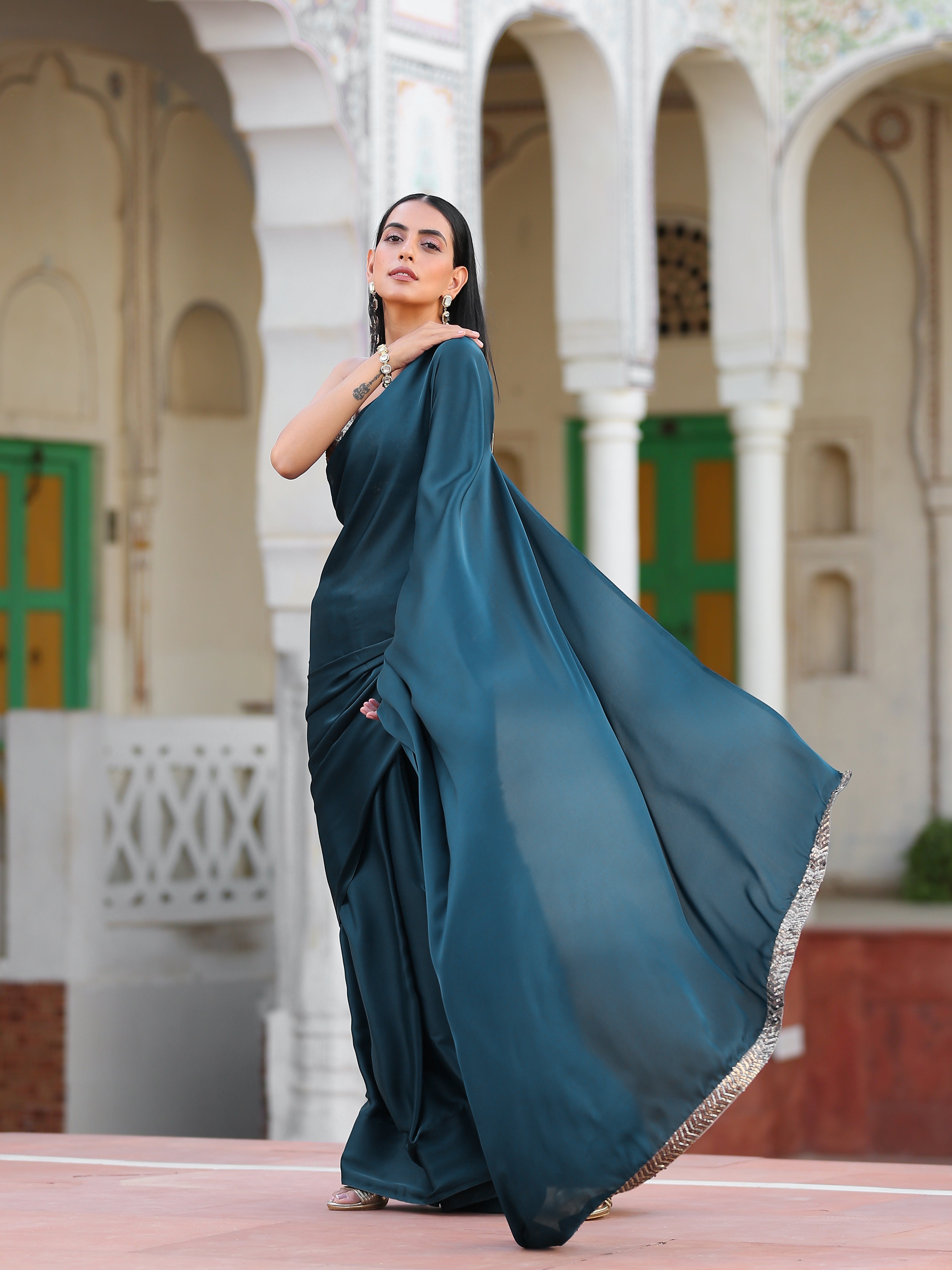 Prussian Blue Satin Saree