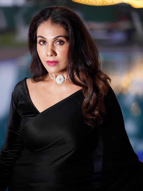Pre-Draped 1-Minute Black Satin Saree with Big diamonds and Blouse Fabric