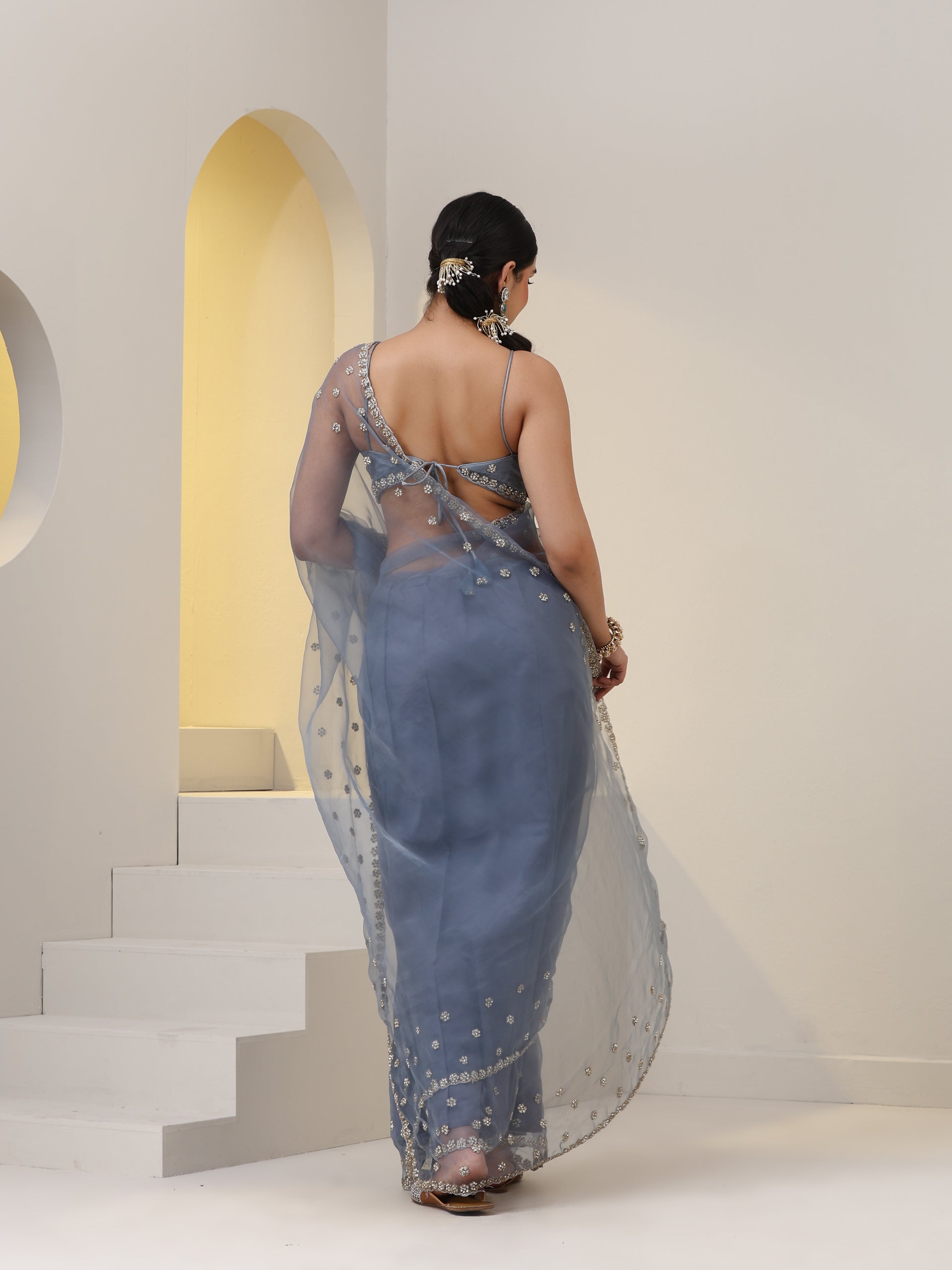 Blue Cloud Hand Embroidered Saree with Blouse Fabric