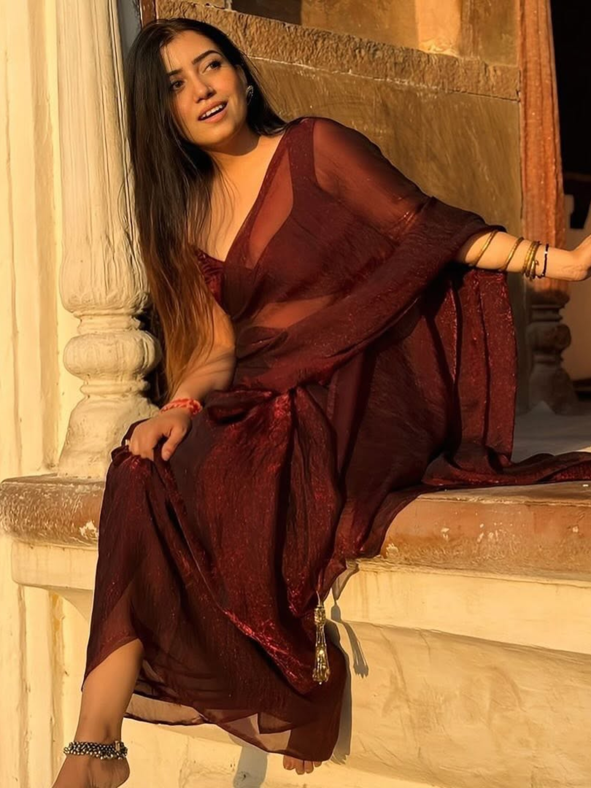 Majestic Maroon Paisley Chiffon Saree with Bronze Long Pendants with Blouse Fabric
