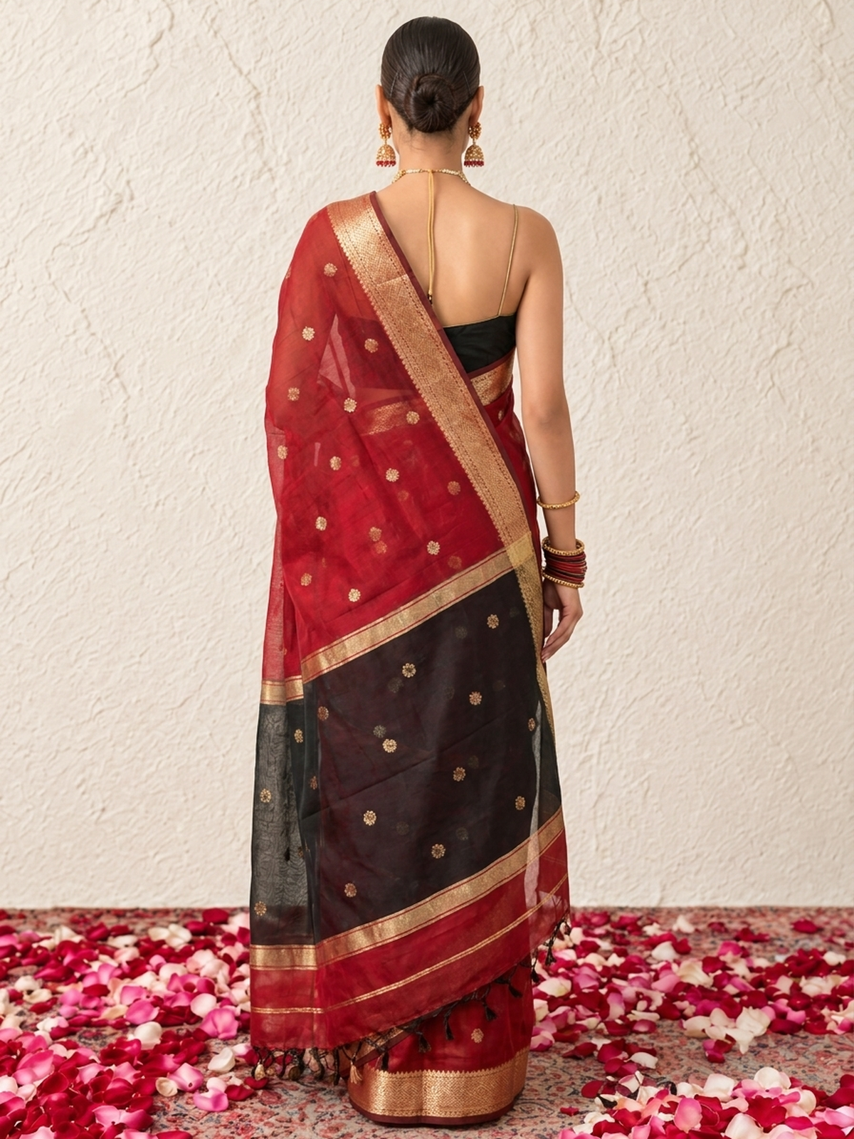 Red and Black Chanderi Cotton Silk Saree with Matching Black Blouse Fabric