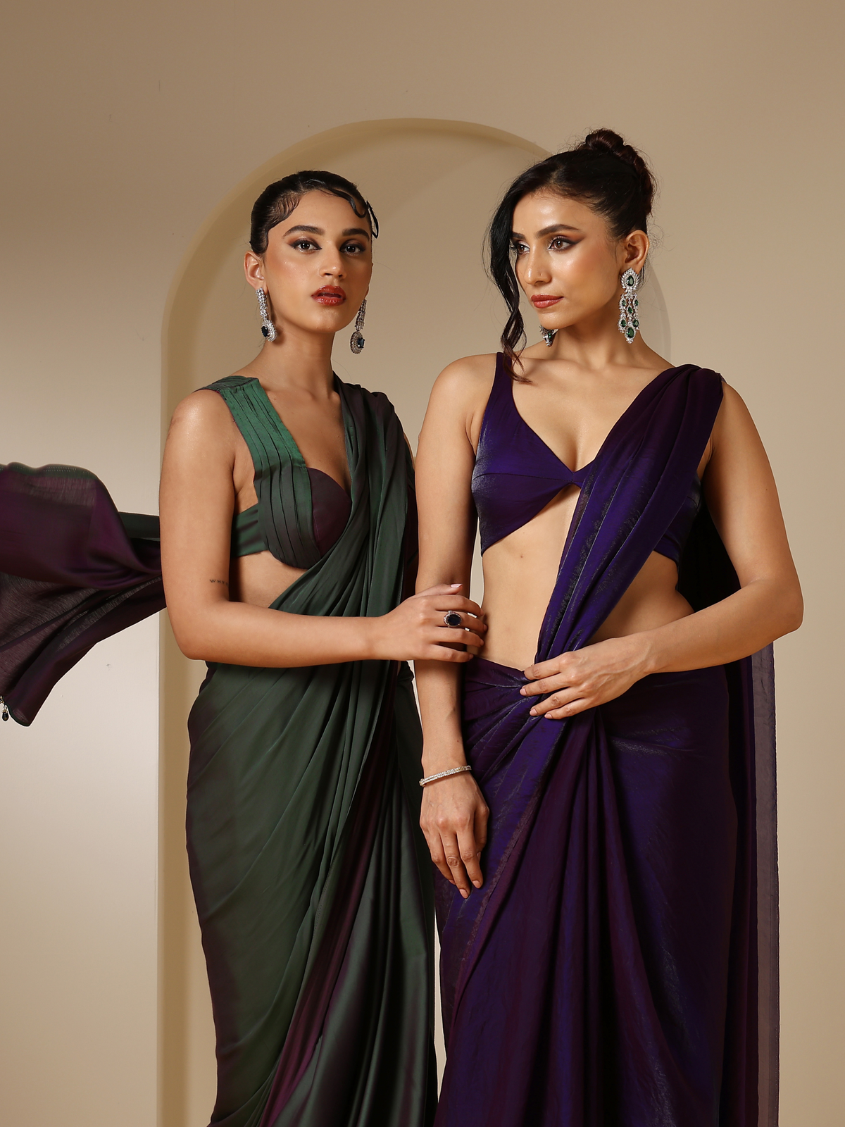 Green and purple dual color soft satin saree with blouse fabric — view 3