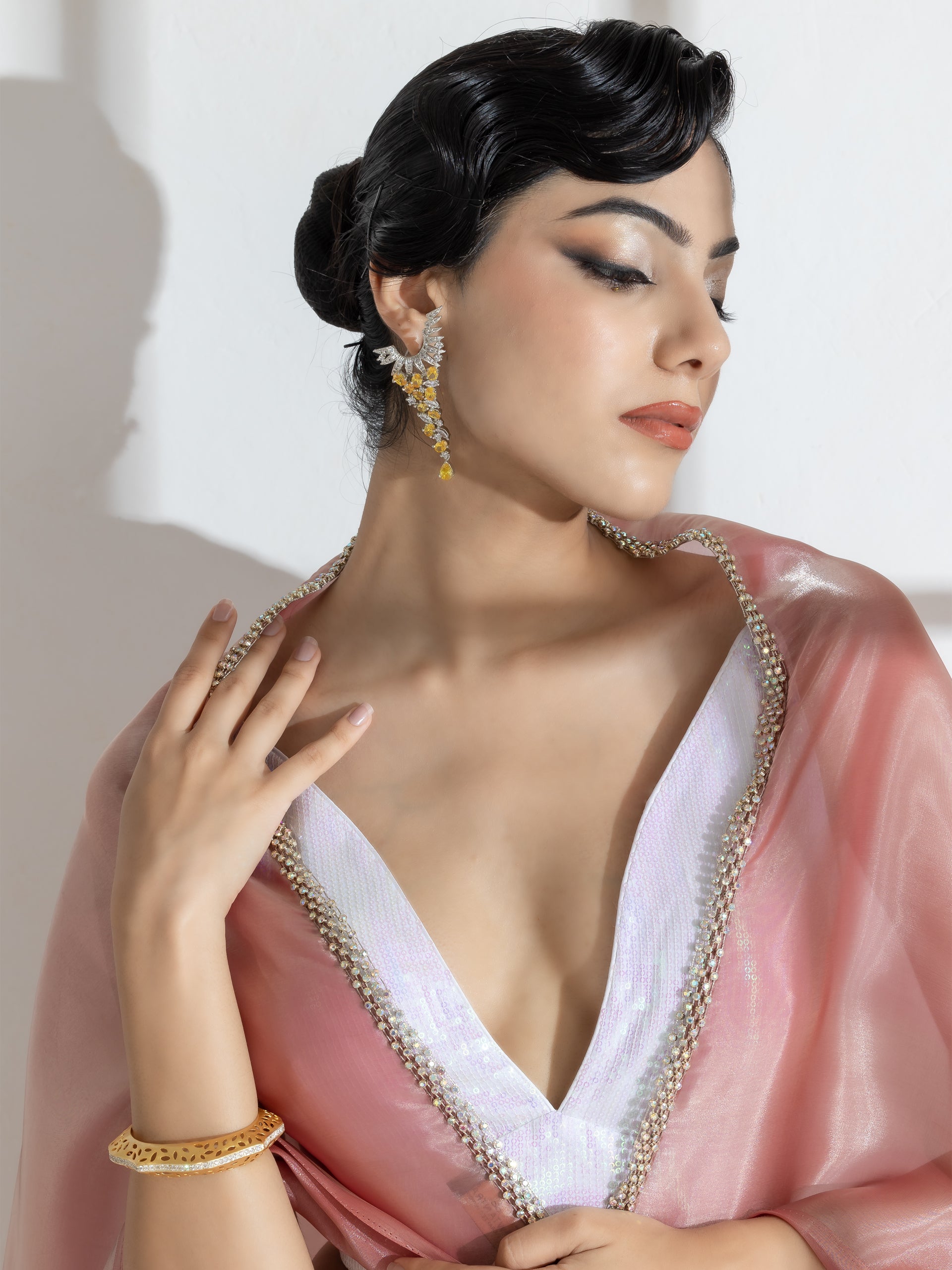 Mettalic Bloom Organza Satin Saree with Diamond Studs and Self Blouse Fabric