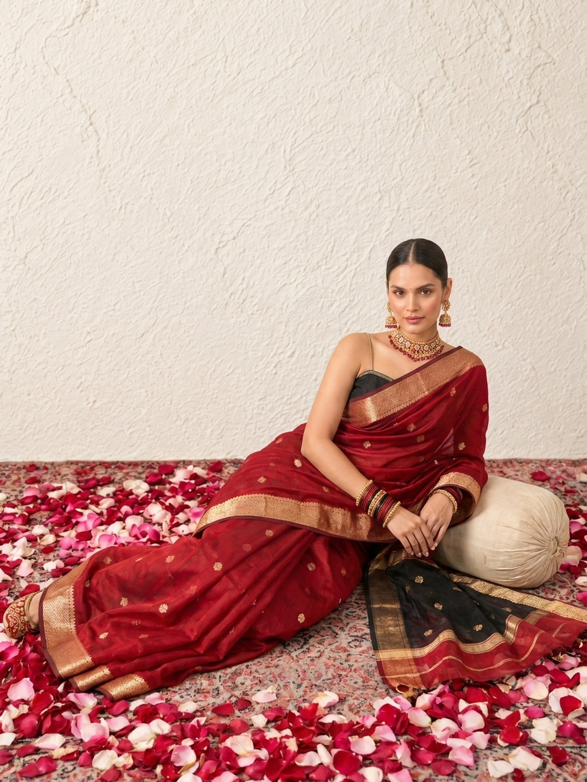 Red and Black Chanderi Cotton Silk Saree with Matching Black Blouse Fabric
