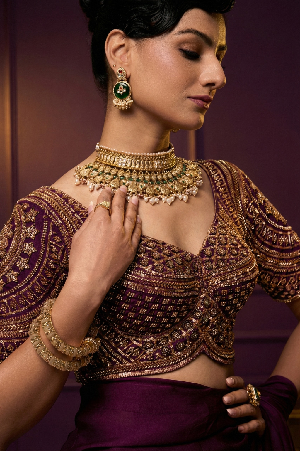 Purple Hand Embroidered Cut Dana Sabya Blouse – Free-Size Adjustable 32–40 inches | Couture Designer Blouse