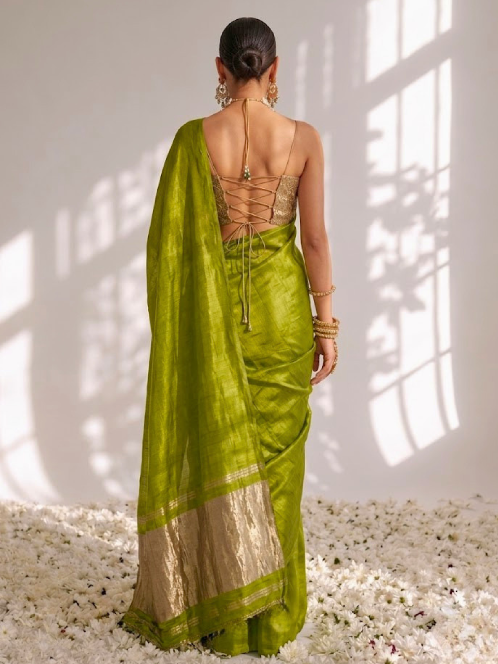 Lime Green Modal Gajji Saree with Zari Pallu and Self Blouse Fabric