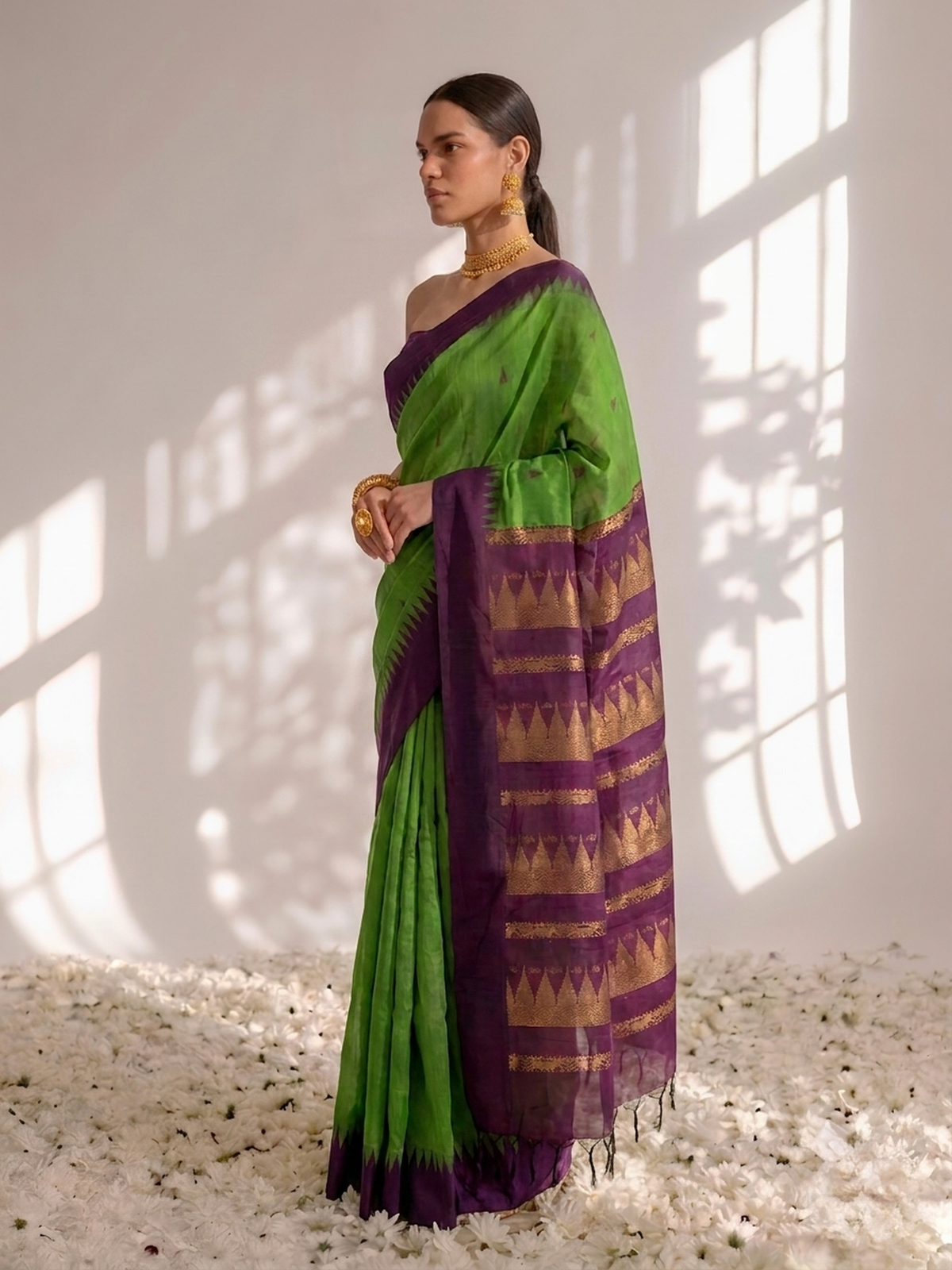Green and Purple Cotton Kadwal Saree with Blouse Fabric