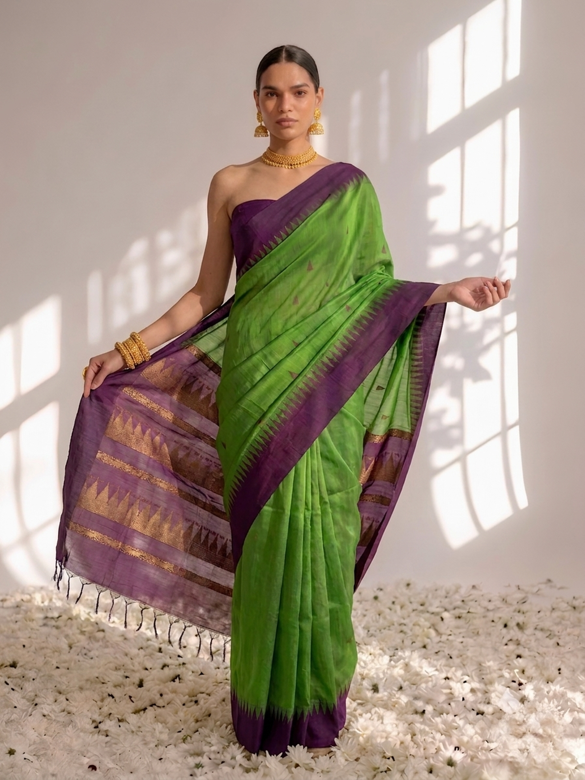 Green and Purple Cotton Kadwal Saree with Blouse Fabric