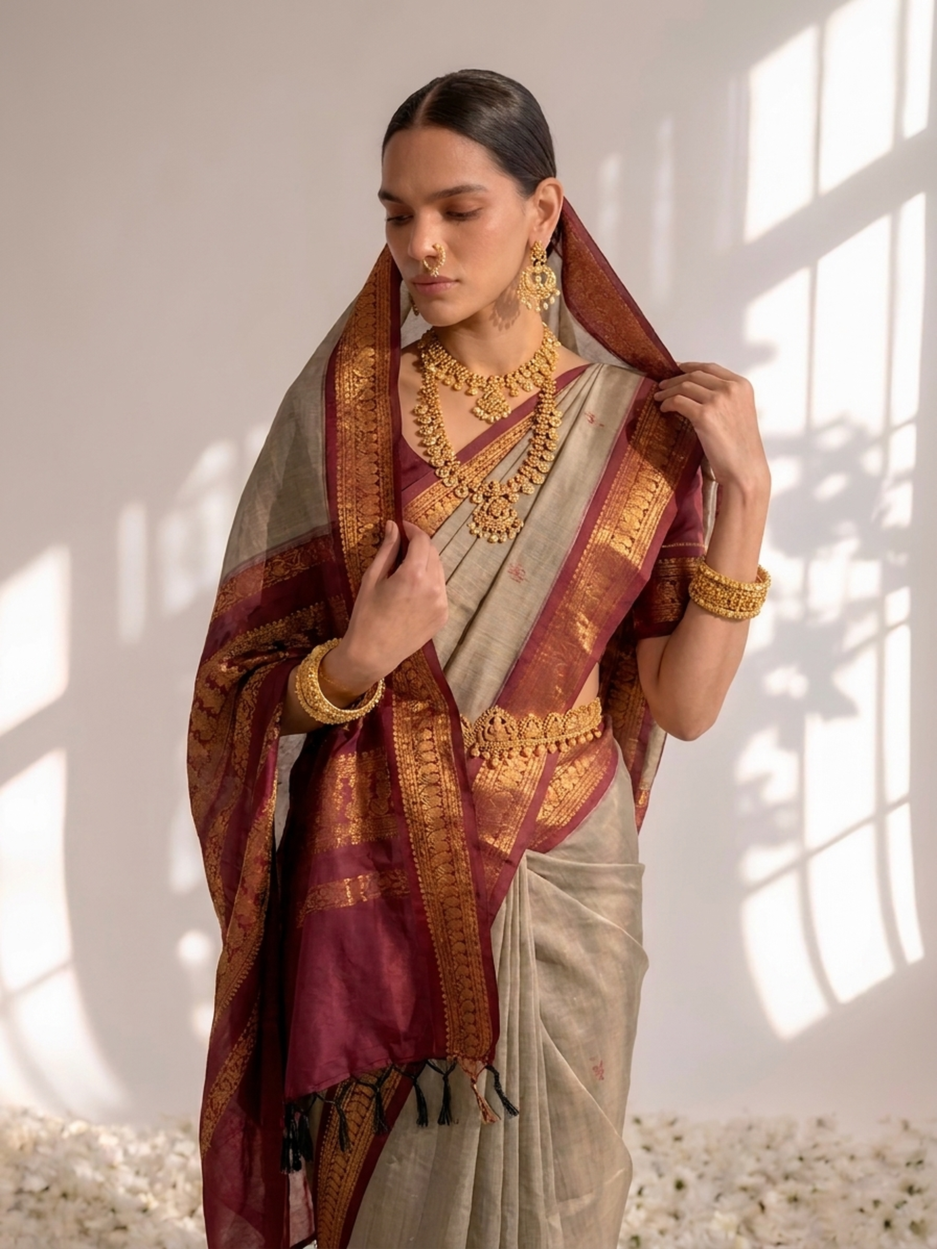 Beet and Maroon Kalyani Cotton Silk Saree with Blouse Fabric