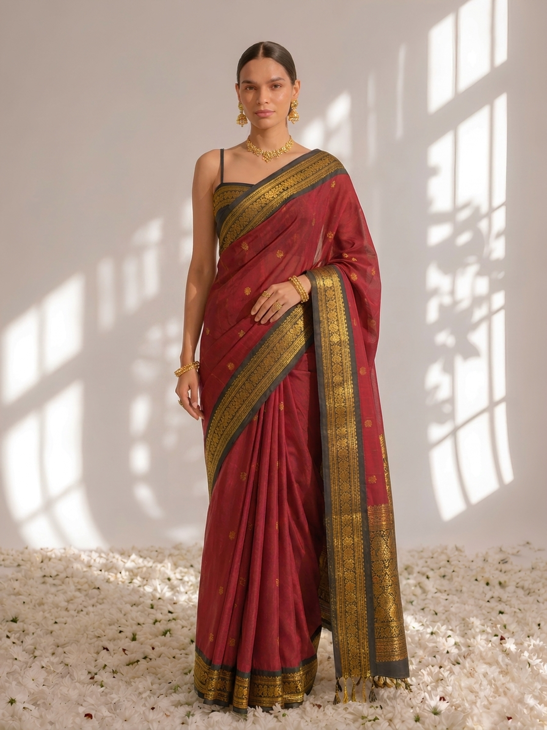 Red and Black Cotton Kadwal Saree with Blouse Fabric