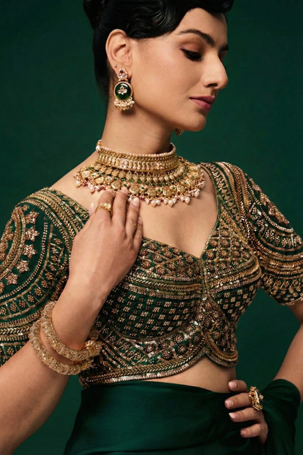 Green Hand Embroidered Cut Dana Sabya Blouse – Free-Size Adjustable 32–40 inches | Couture Designer Blouse