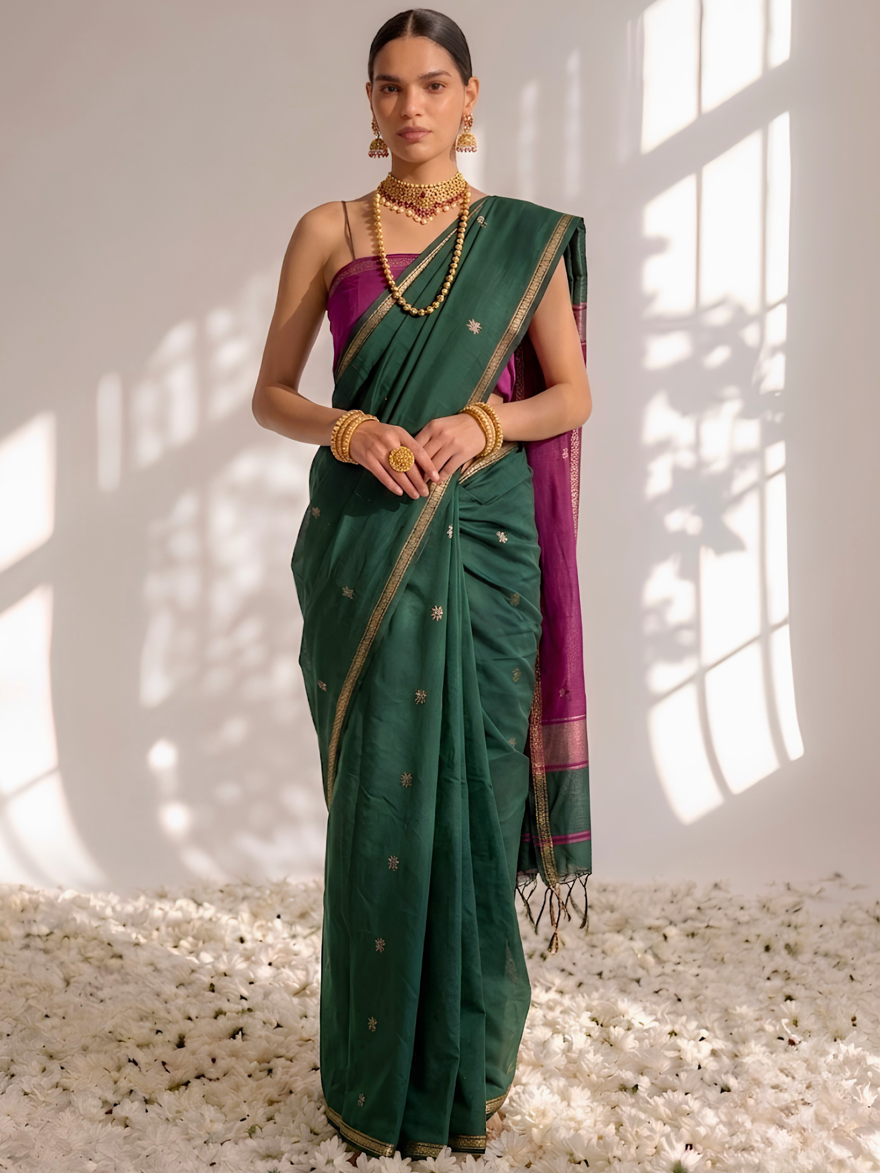 Green and Purple Maheshwari Silk Cotton Saree with Self Blouse Fabric