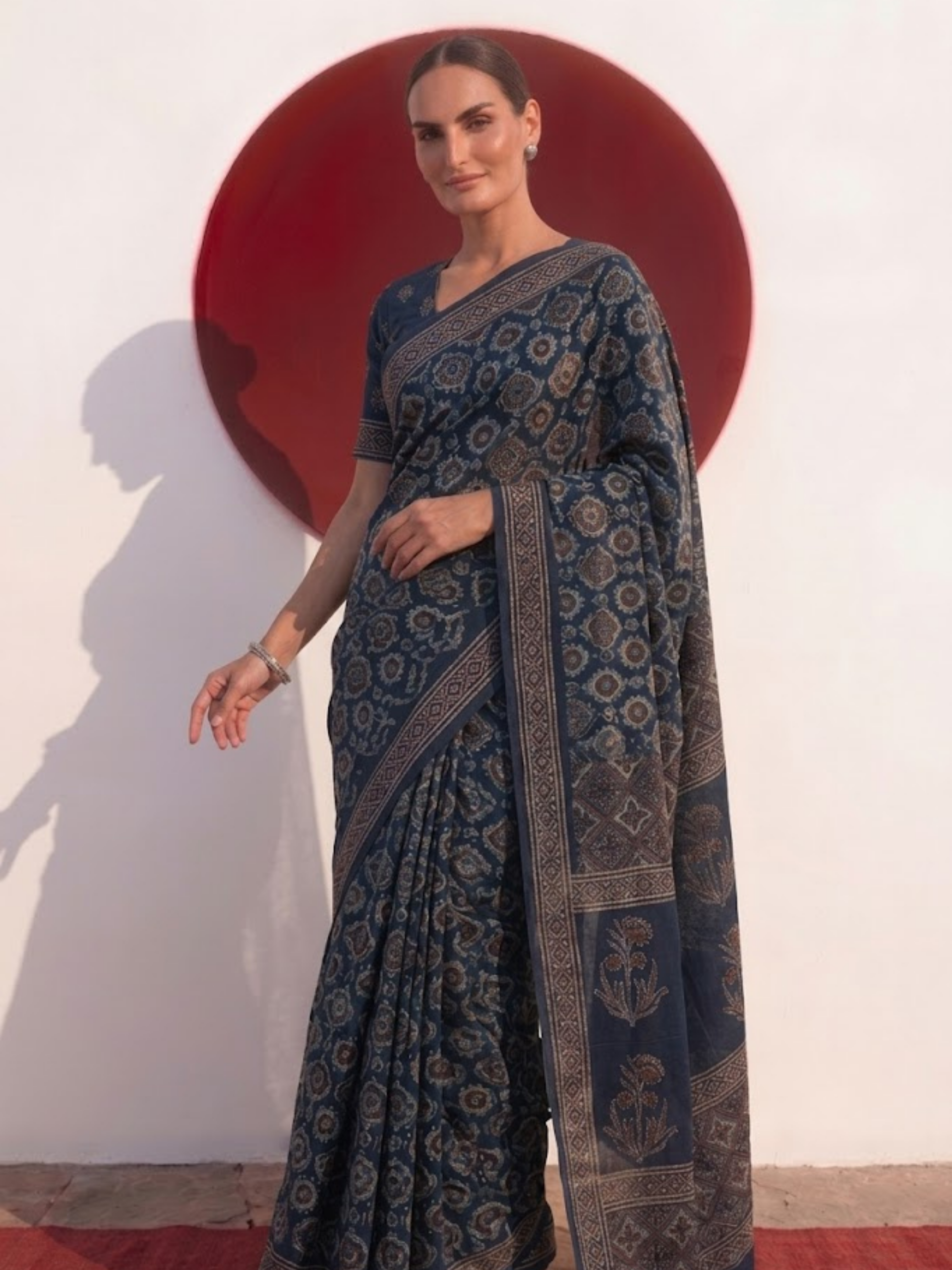 Modal Silk blue Printed Hand Block Printed Saree with Blouse Fabric