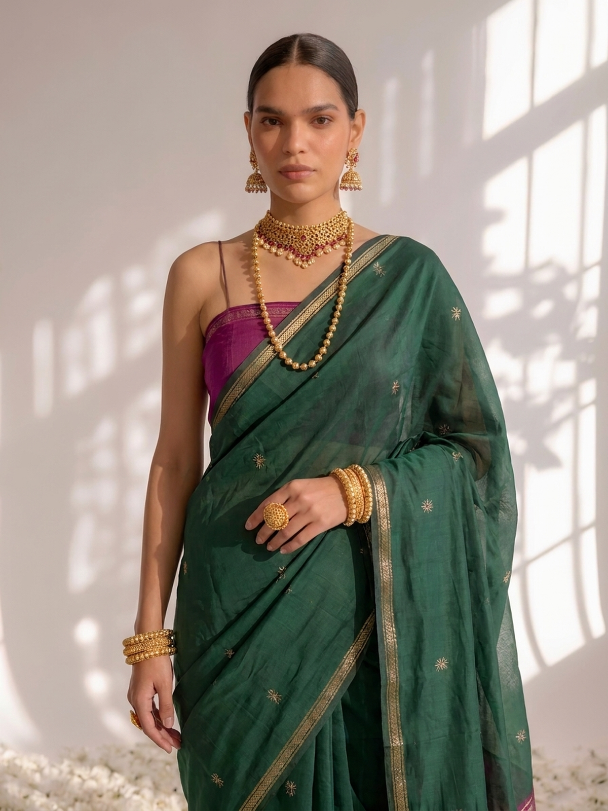 Green and Purple Maheshwari Silk Cotton Saree with Self Blouse Fabric