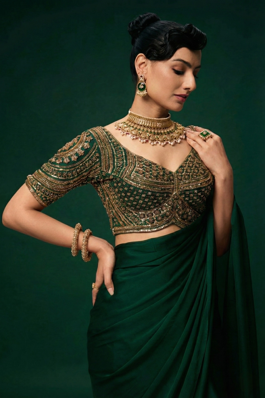 Green Hand Embroidered Cut Dana Sabya Blouse – Free-Size Adjustable 32–40 inches | Couture Designer Blouse