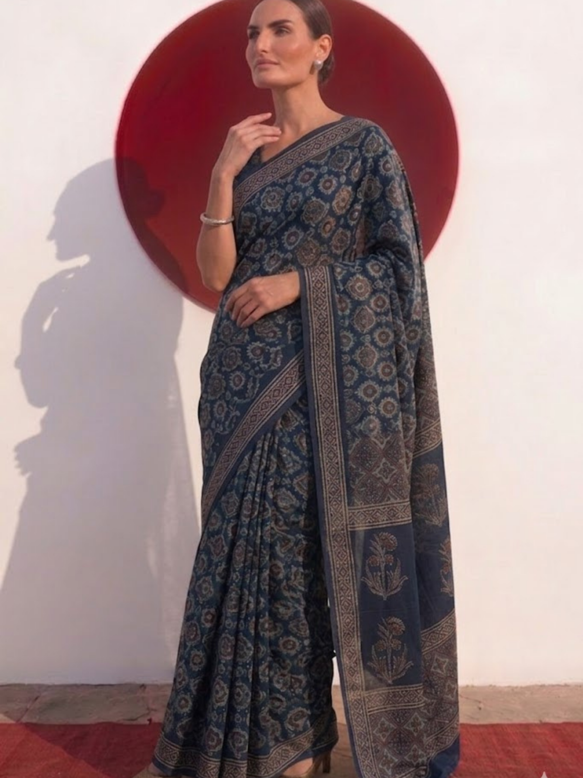Modal Silk blue Printed Hand Block Printed Saree with Blouse Fabric
