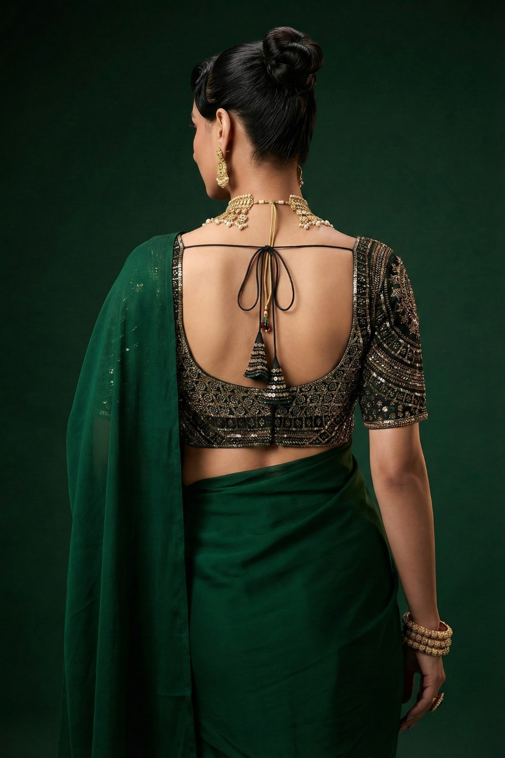 Green Hand Embroidered Cut Dana Sabya Blouse – Free-Size Adjustable 32–40 inches | Couture Designer Blouse