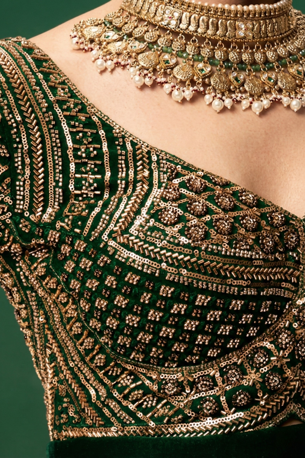 Green Hand Embroidered Cut Dana Sabya Blouse – Free-Size Adjustable 32–40 inches | Couture Designer Blouse