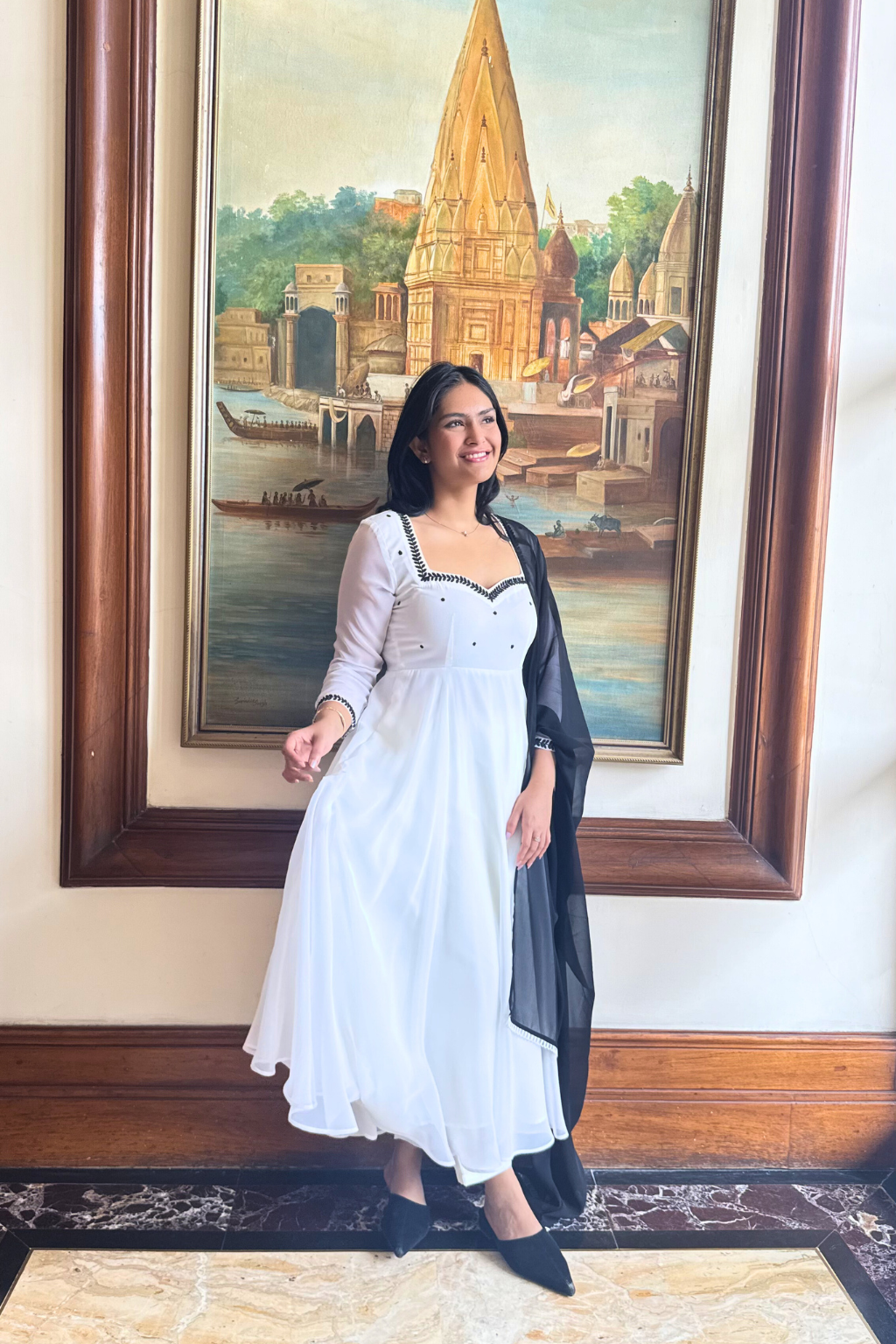 3 pc Suit Set -Ebony and Ivory Georgette 3/4th Sleeve Embroidered Anarkali with Dupatta and Pants