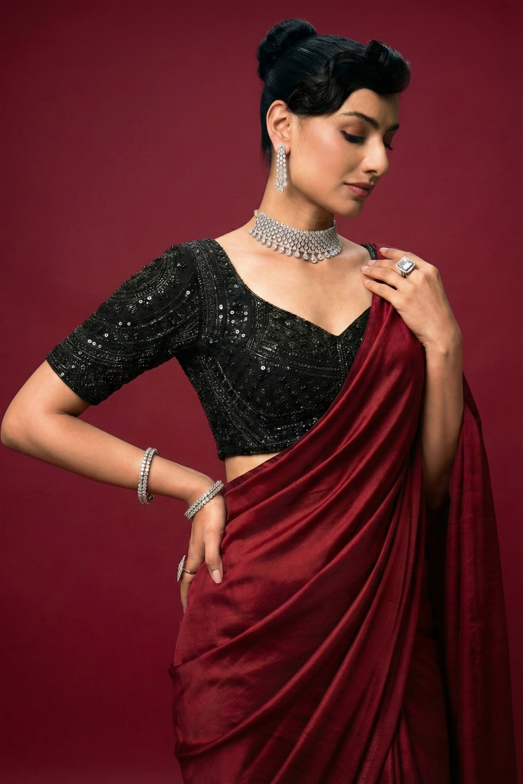 Black Hand Embroidered Cut Dana Sabya Blouse – Free-Size Adjustable 32–40 inches | Couture Designer Blouse