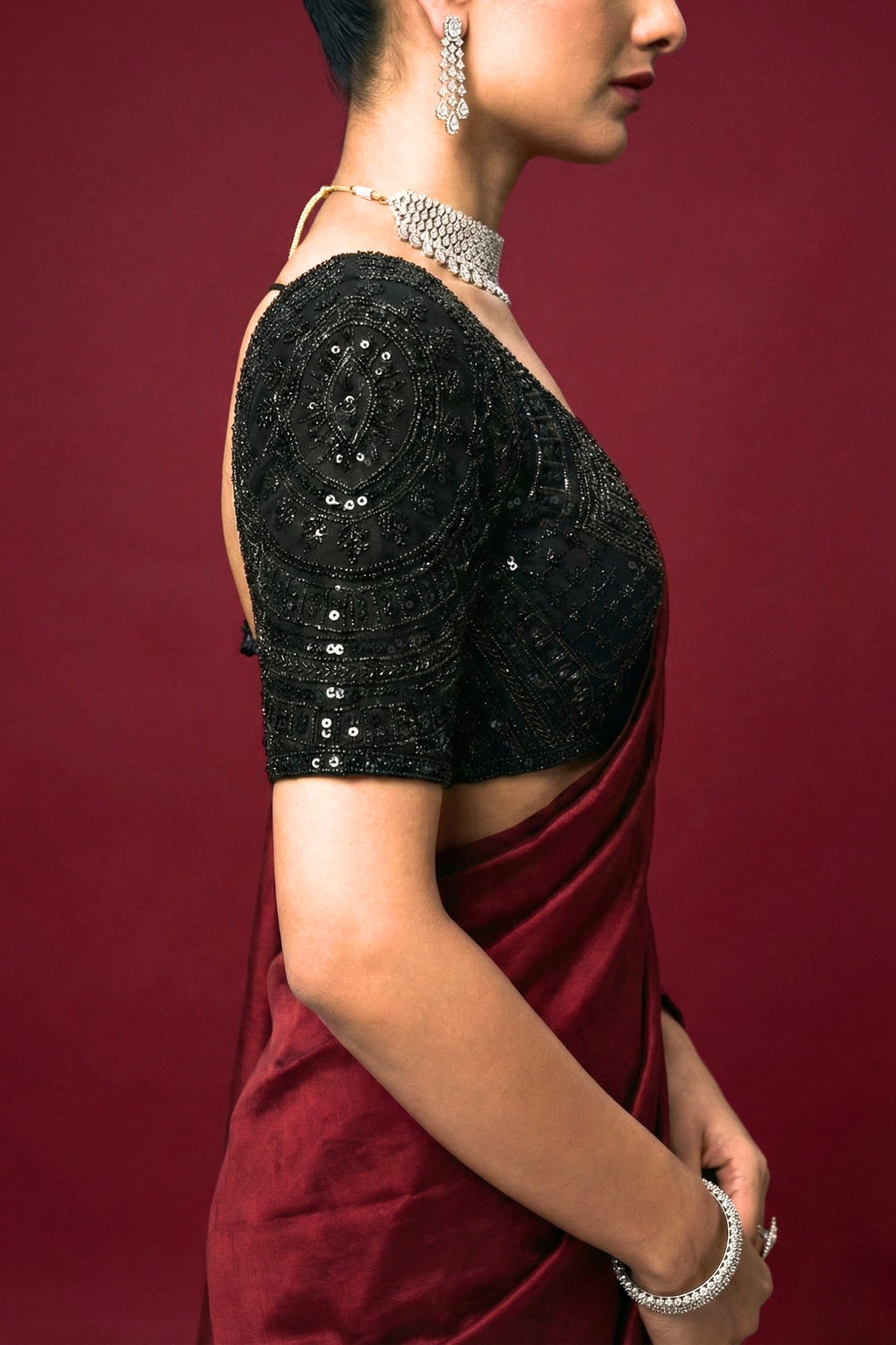 Black Hand Embroidered Cut Dana Sabya Blouse – Free-Size Adjustable 32–40 inches | Couture Designer Blouse