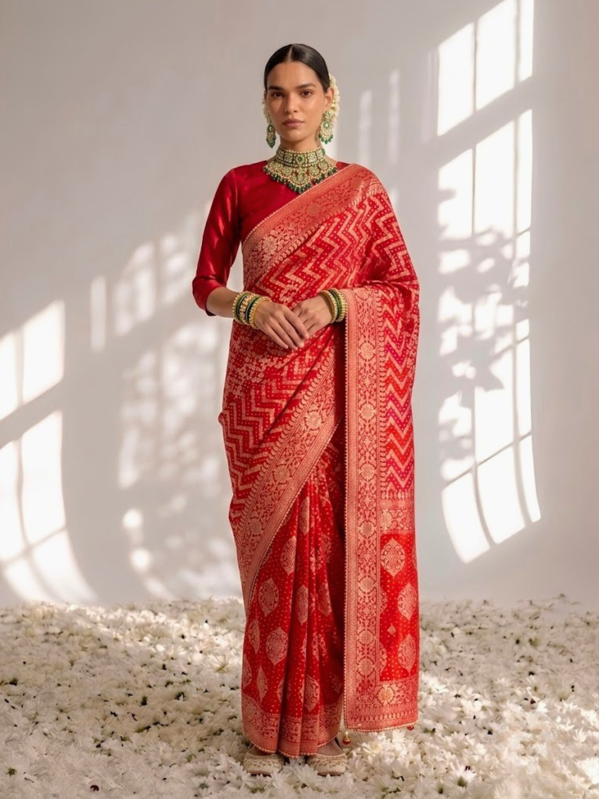 Red Banarasi Georgette with Chevron Weave Saree with Blouse Fabric