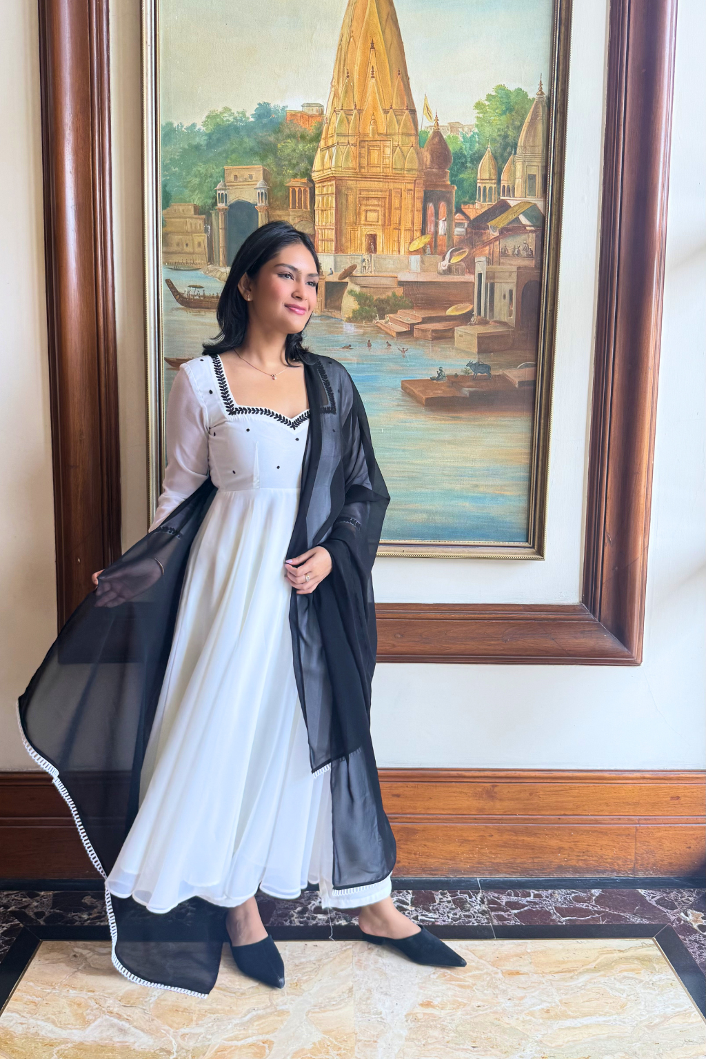 3 pc Suit Set -Ebony and Ivory Georgette 3/4th Sleeve Embroidered Anarkali with Dupatta and Pants