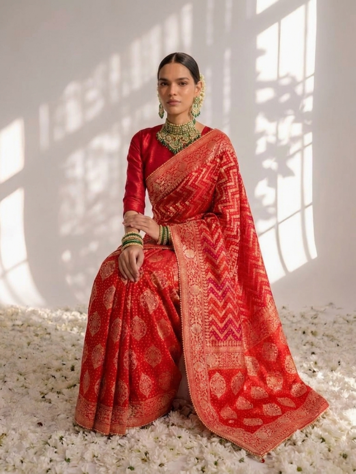 Red Banarasi Georgette with Chevron Weave Saree with Blouse Fabric
