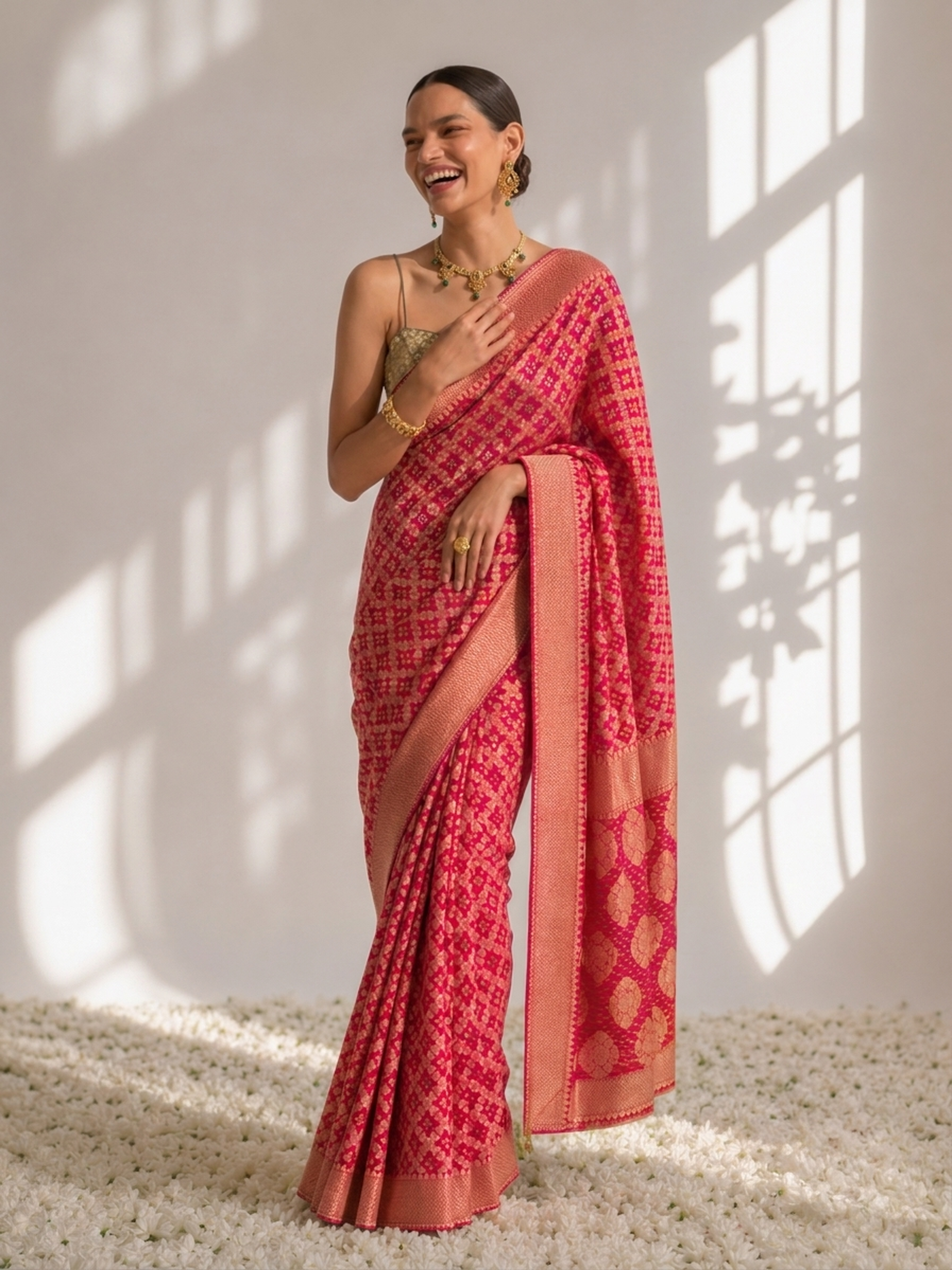 Rani Pink Banarasi Georgette with Bandhani Weave Saree with Blouse Fabric