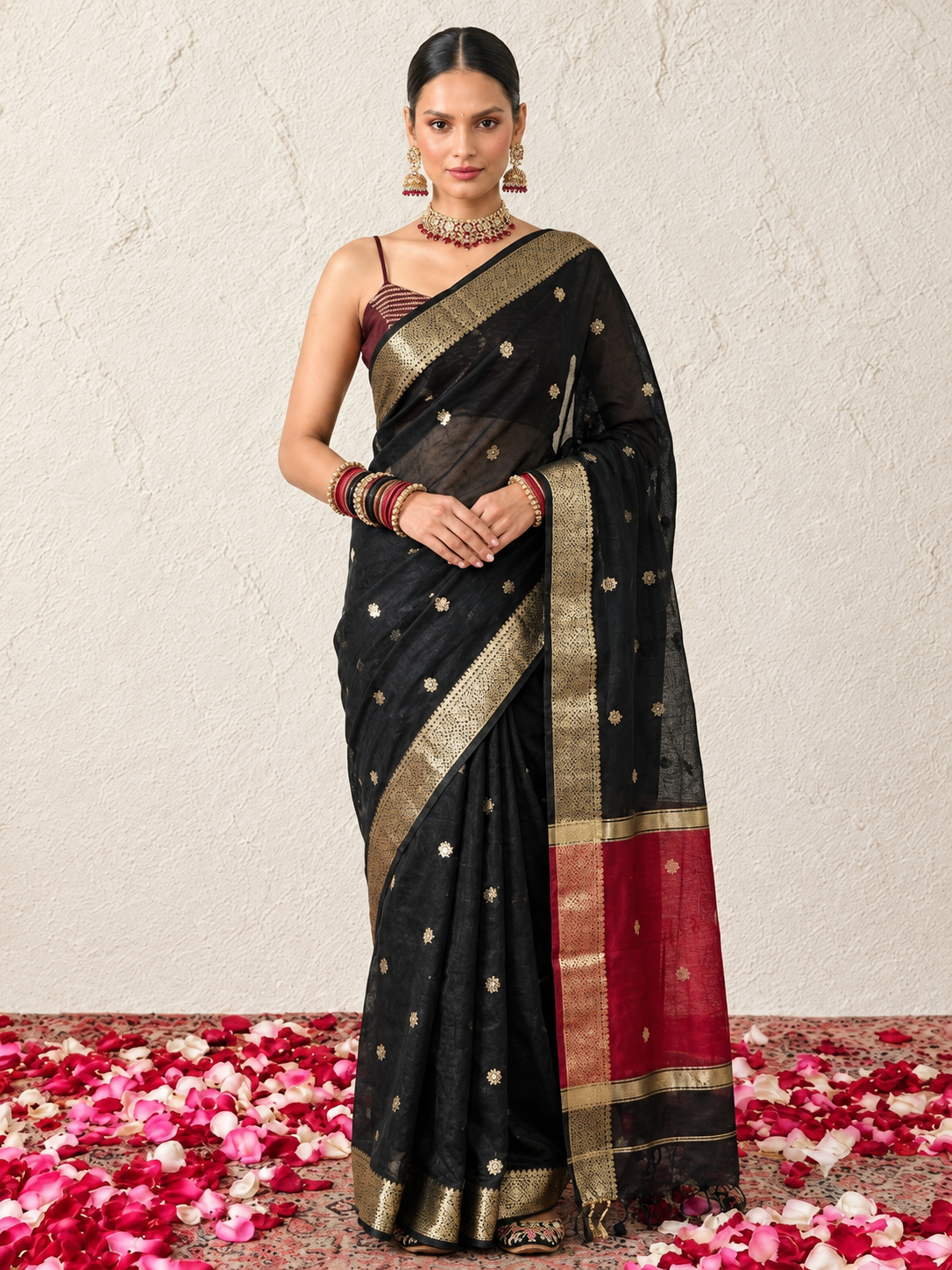 Black and Red Chanderi Cotton Silk Saree with Matching Red Blouse Fabric