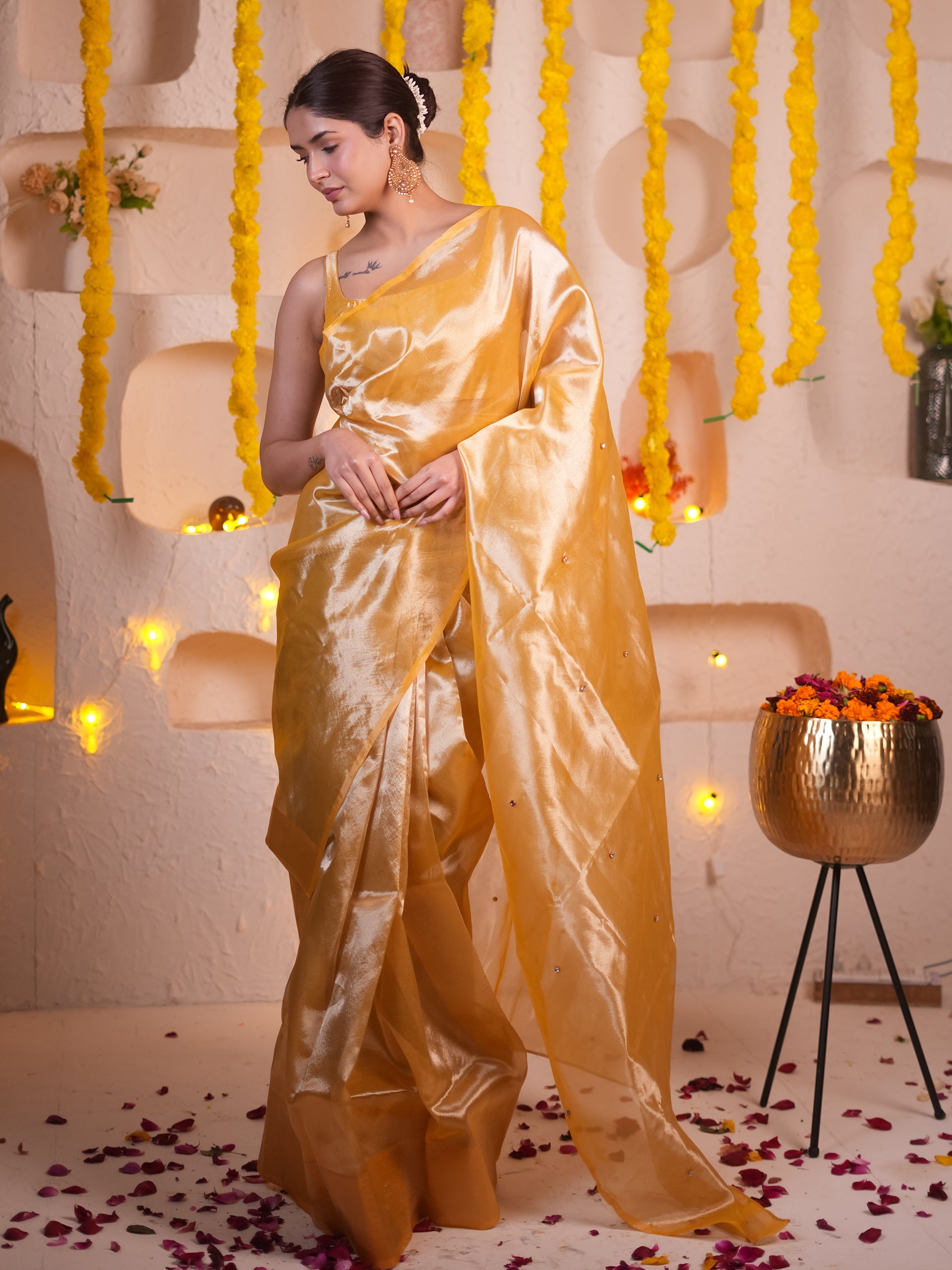 Banarasi Haldi Tissue Saree With Beads And Blouse Fabric